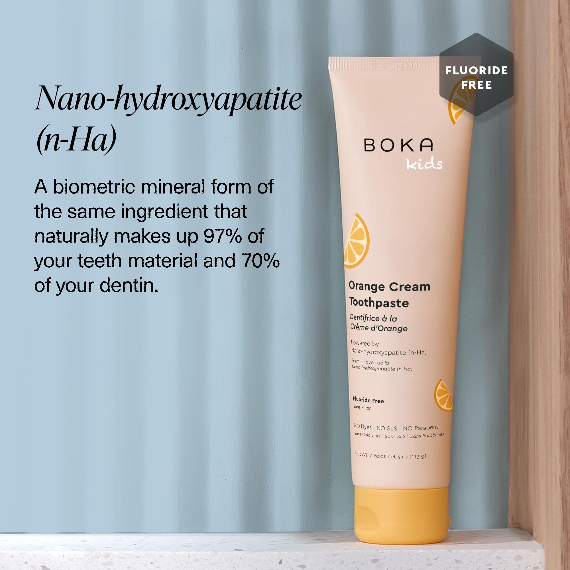 Enfant utilisant Boka Orange Crème pour un brossage amusant et sûr.