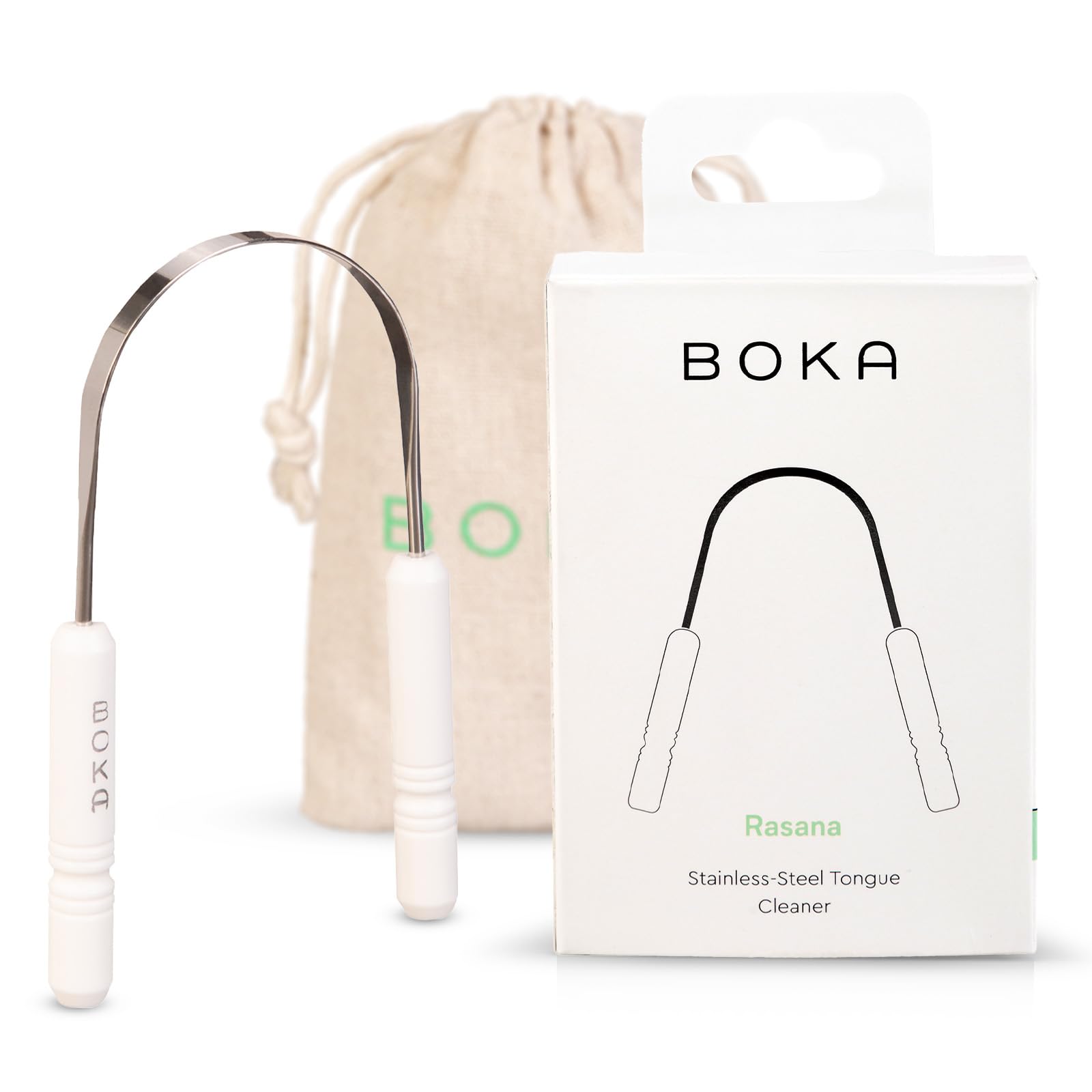Grattoir de langue Boka en acier inoxydable avec étui en lin, pour une hygiène durable.