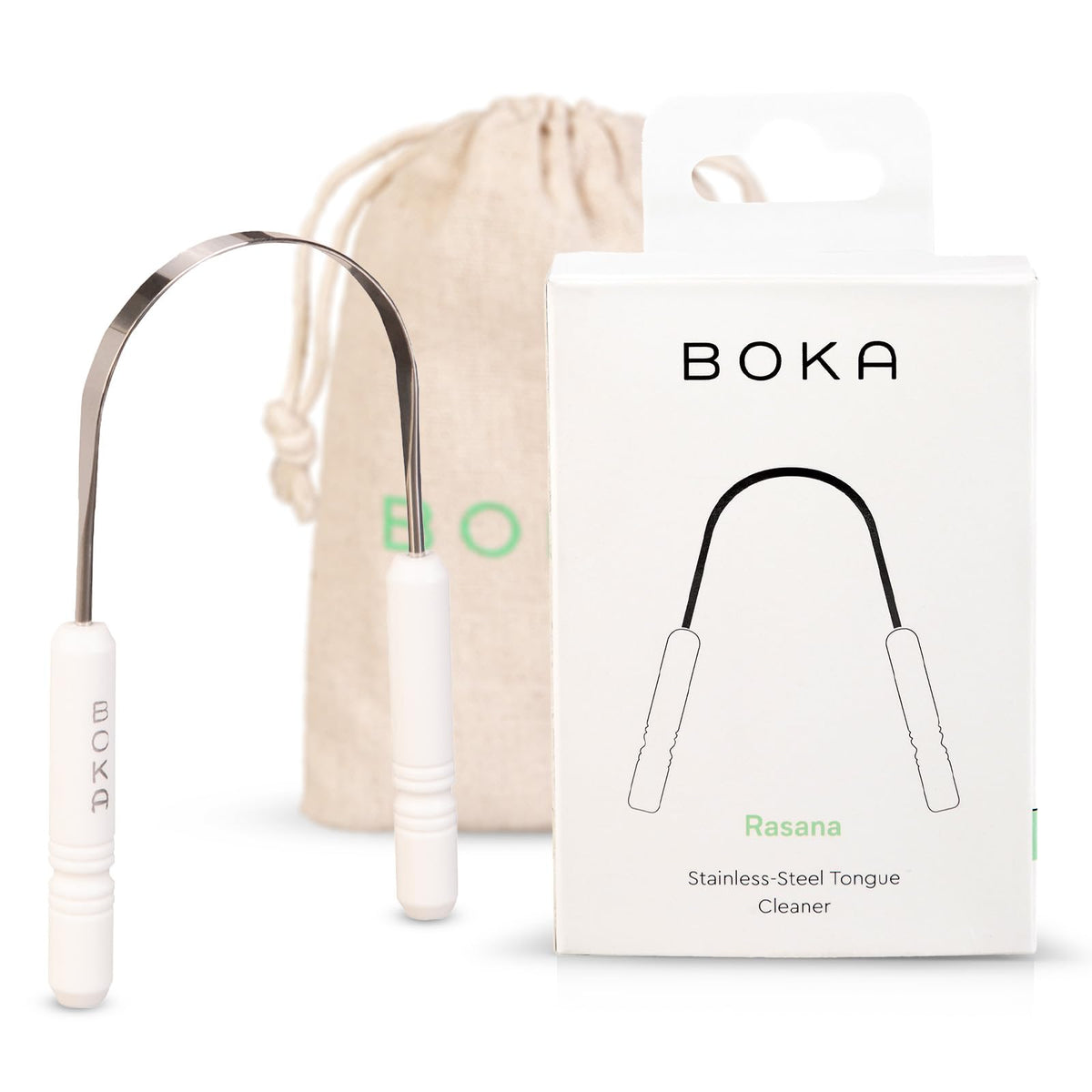 Grattoir de langue Boka en acier inoxydable avec étui en lin, pour une hygiène durable.