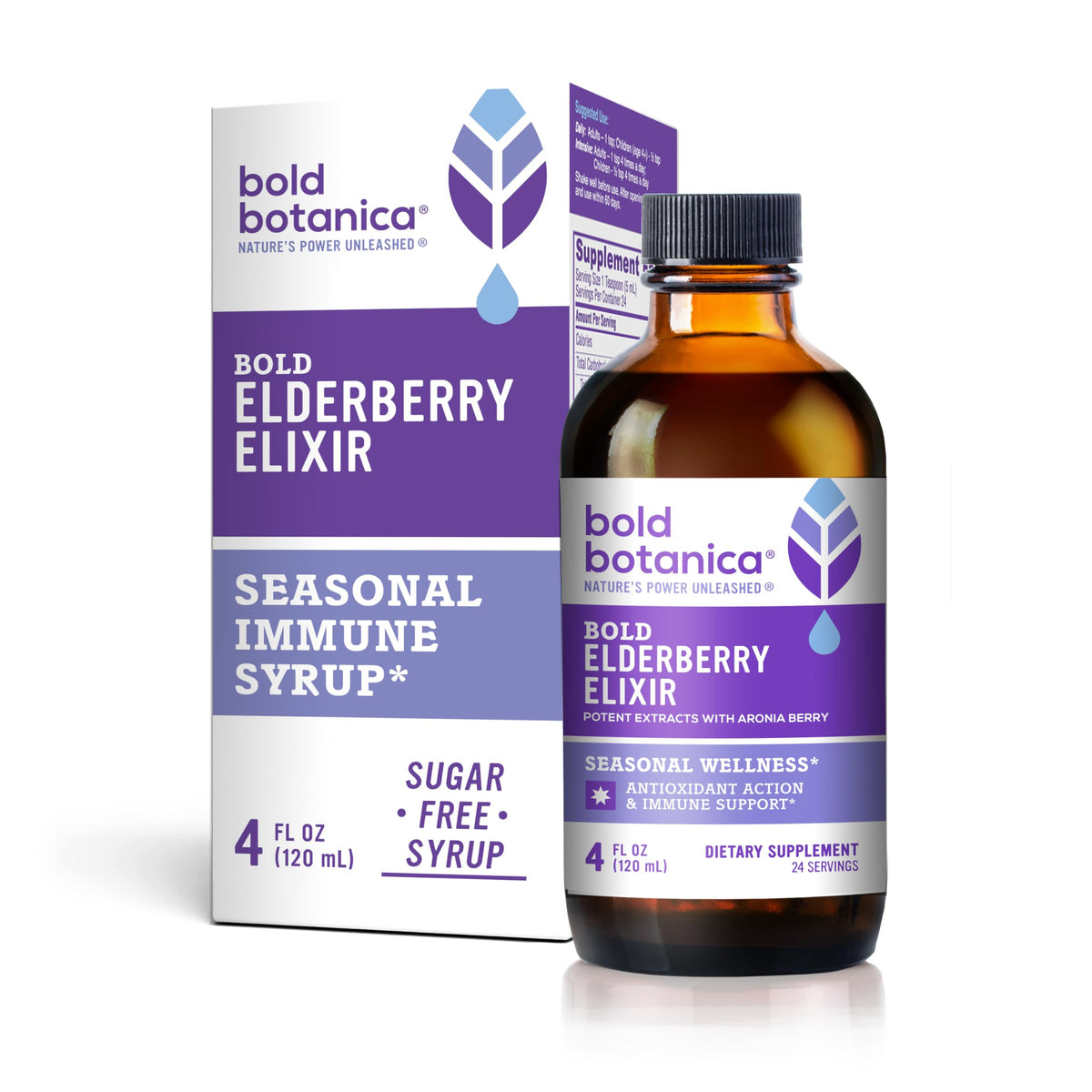 Bouteille Bold Botanica Elixir Sureau 65x, soutien immunitaire quotidien.