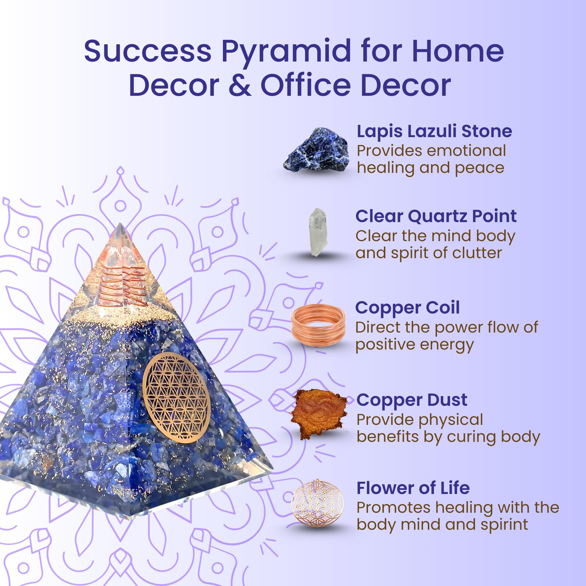 Bombay Crystals Export Orgone Pyramide sur bureau, ambiance zen