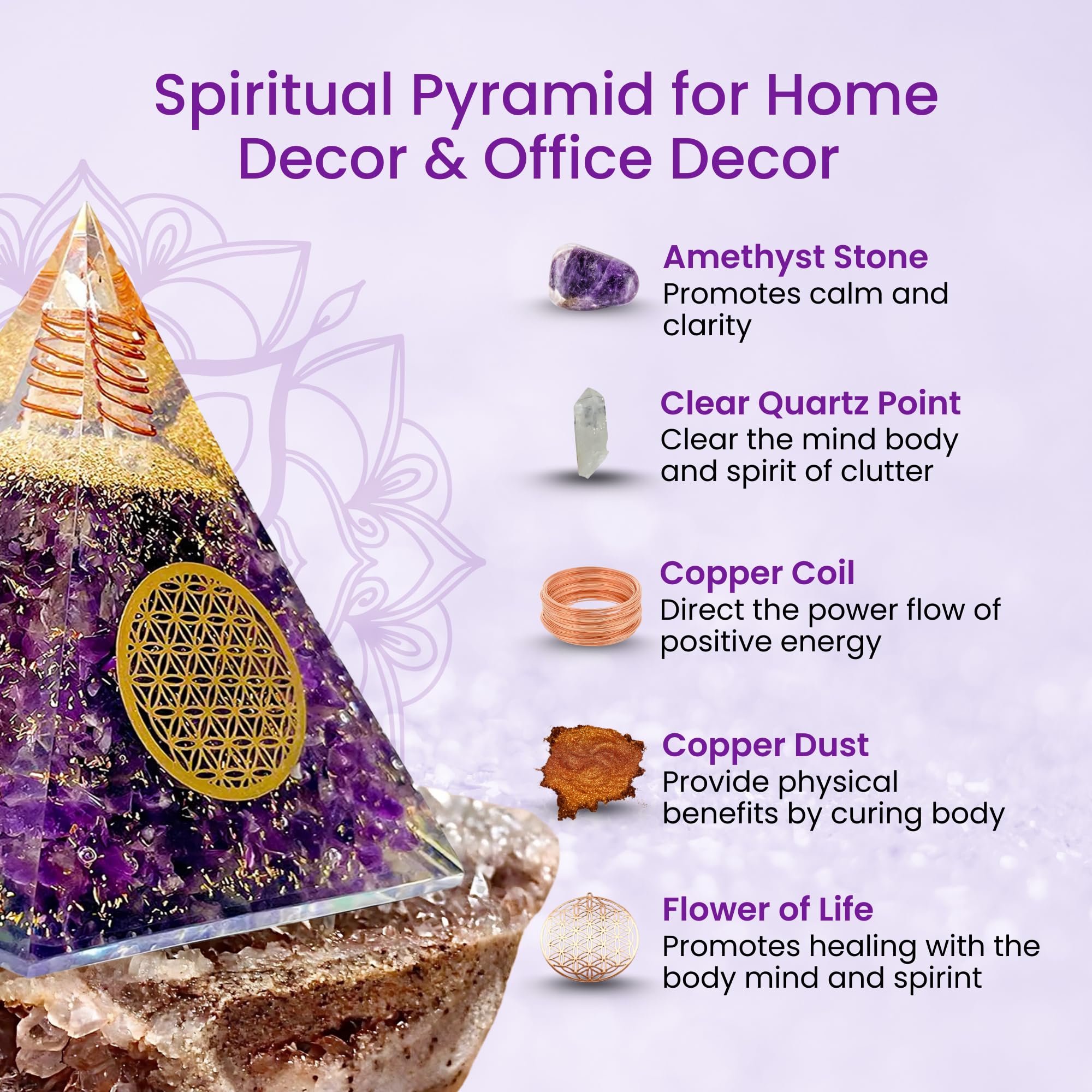 Pyramide orgone améthyste de Bombay Crystals Export, soutien doux au Reiki et équilibre.