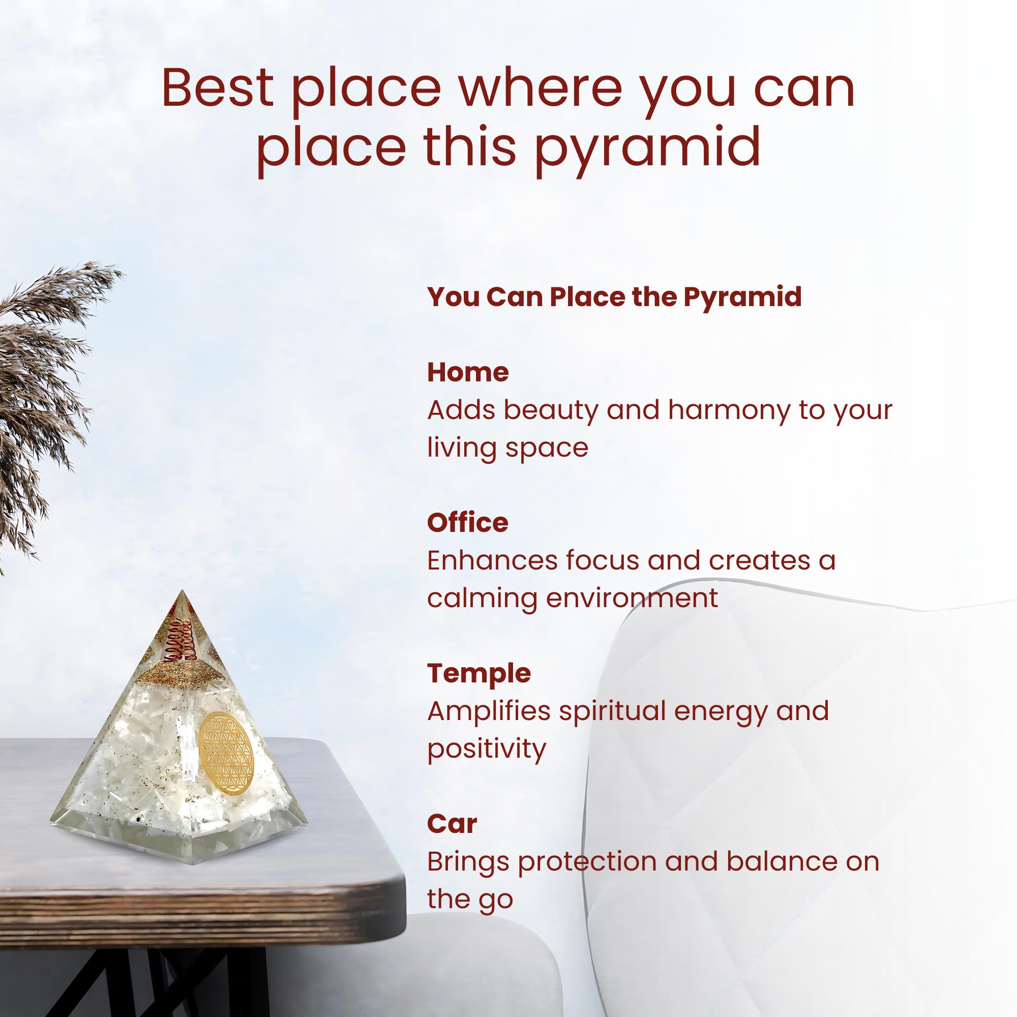 Pyramide orgonite sélénite Bombay Crystals Export cadeau spirituel méditation
