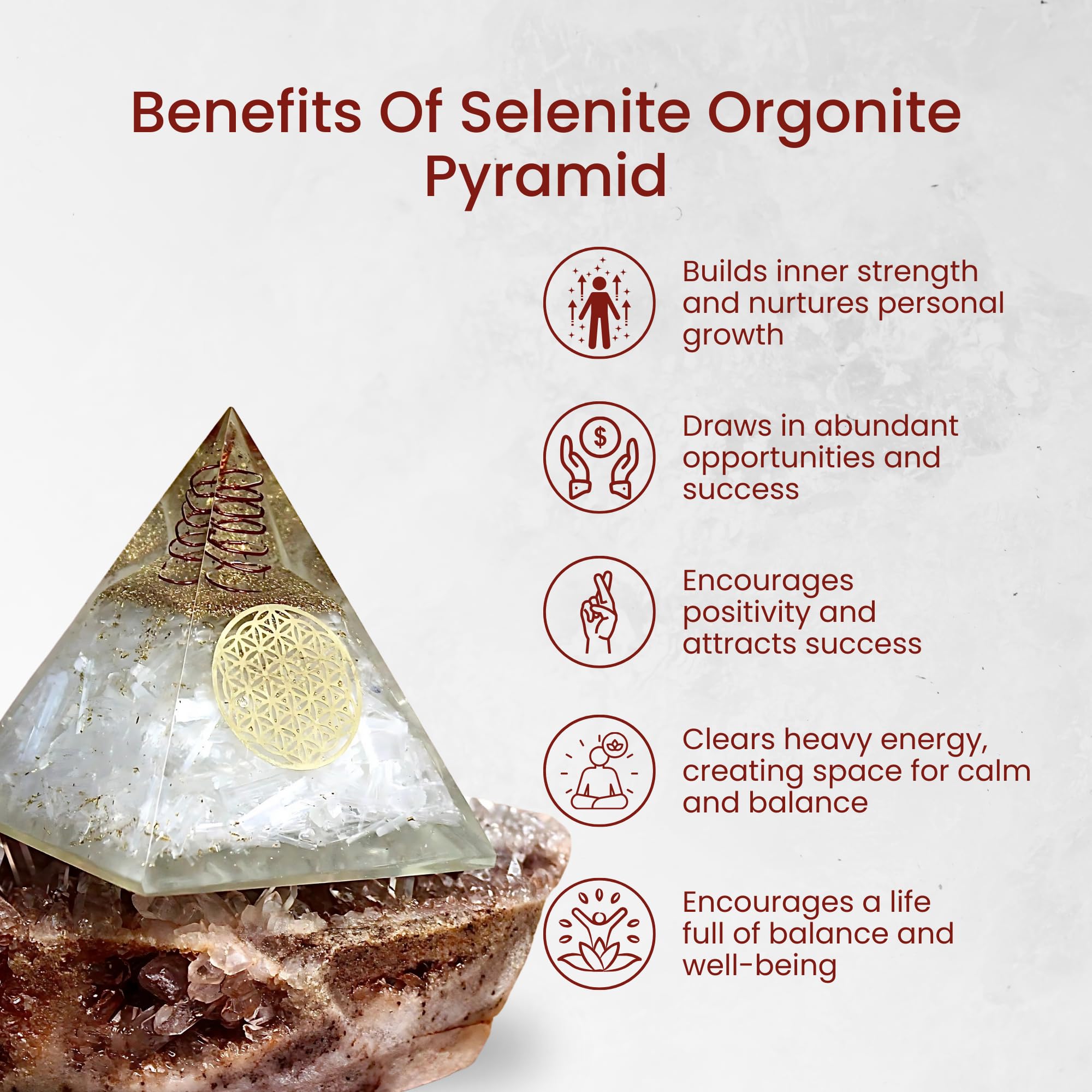 Pyramide orgonite sélénite Bombay Crystals Export déco spirituelle cadeau