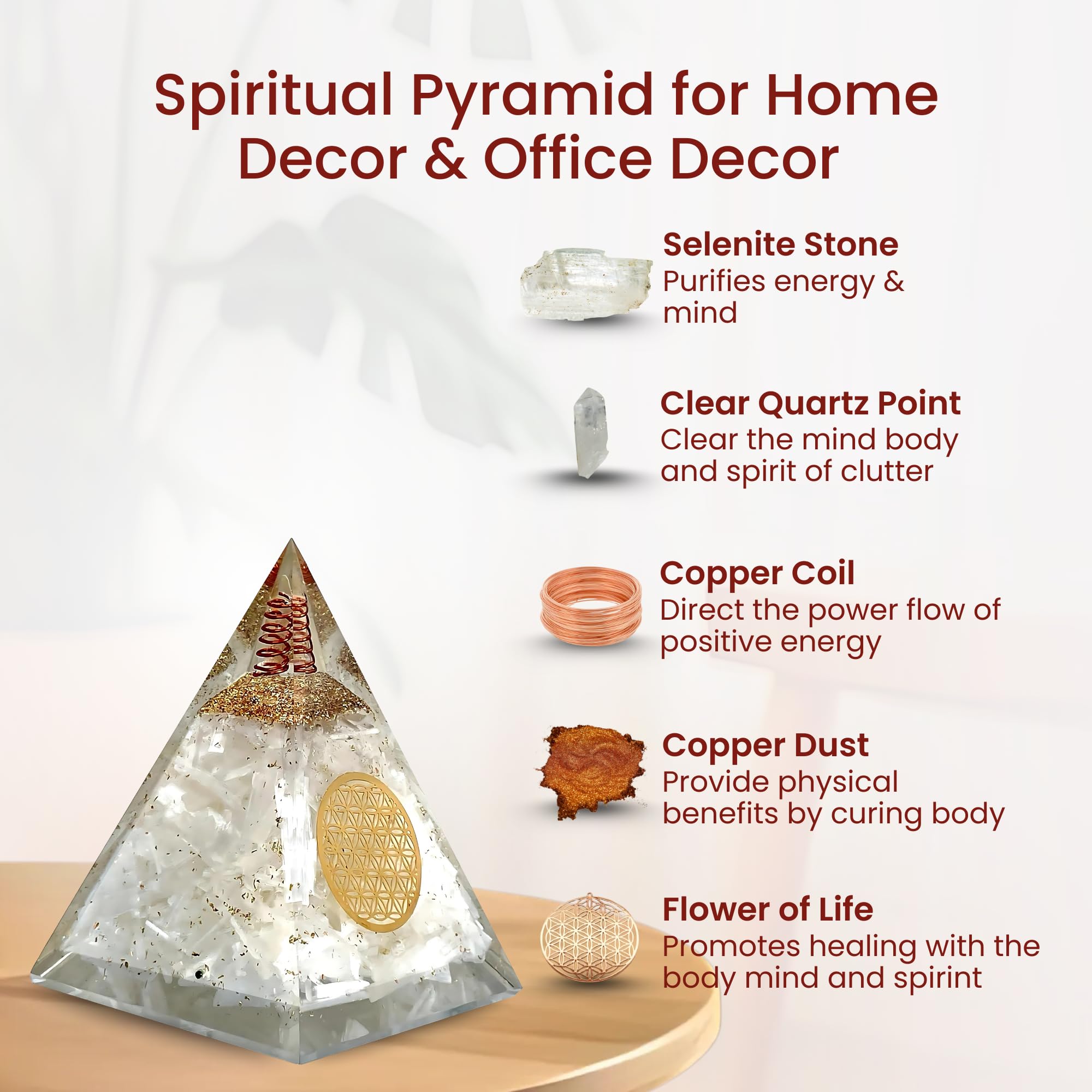 Pyramide orgonite sélénite Bombay Crystals Export Reiki et ancrage