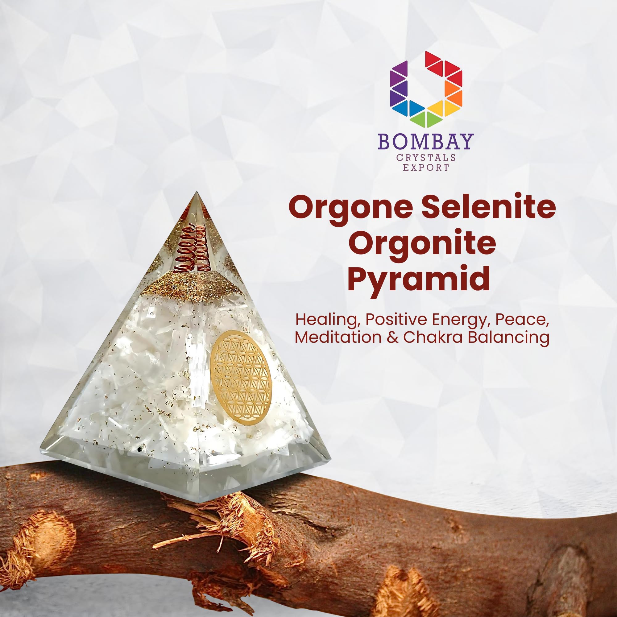 Pyramide orgonite sélénite Bombay Crystals Export résine et cuivre harmonisante