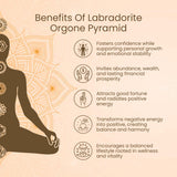 Labradorite chatoyante sur pyramide orgonite Bombay Crystals Export, lumière douce pour ambiance zen.