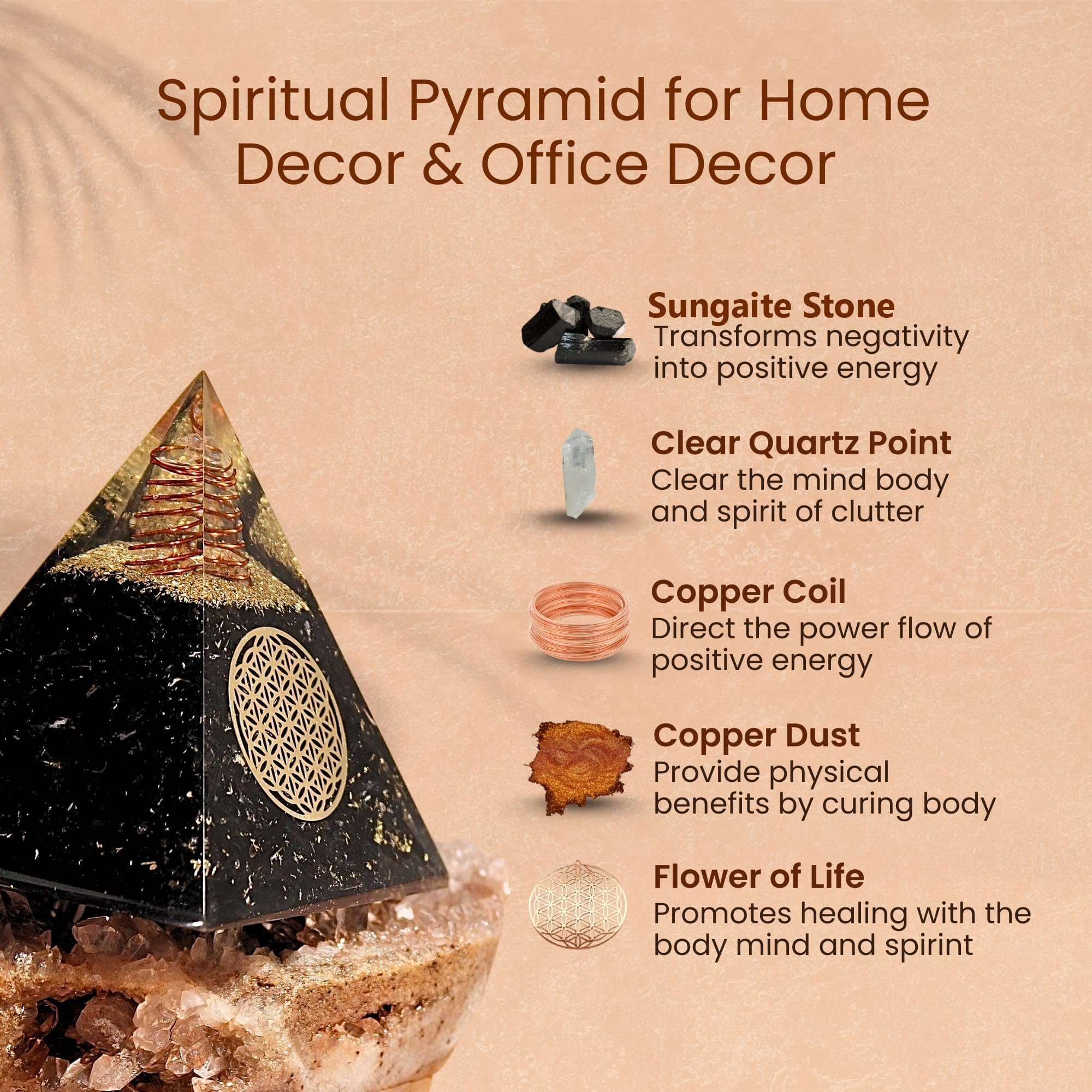 Pyramide orgone Bombay Crystals Export avec shungite et quartz, favorise ambiance apaisante.