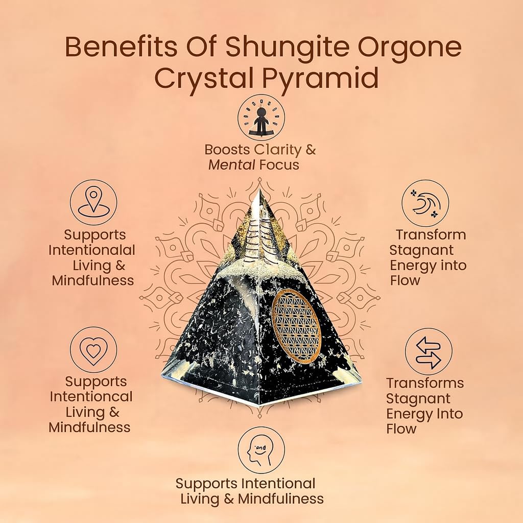 Pyramide orgone Bombay Crystals Export: schungite, quartz et cuivre pour ambiance terrestre.