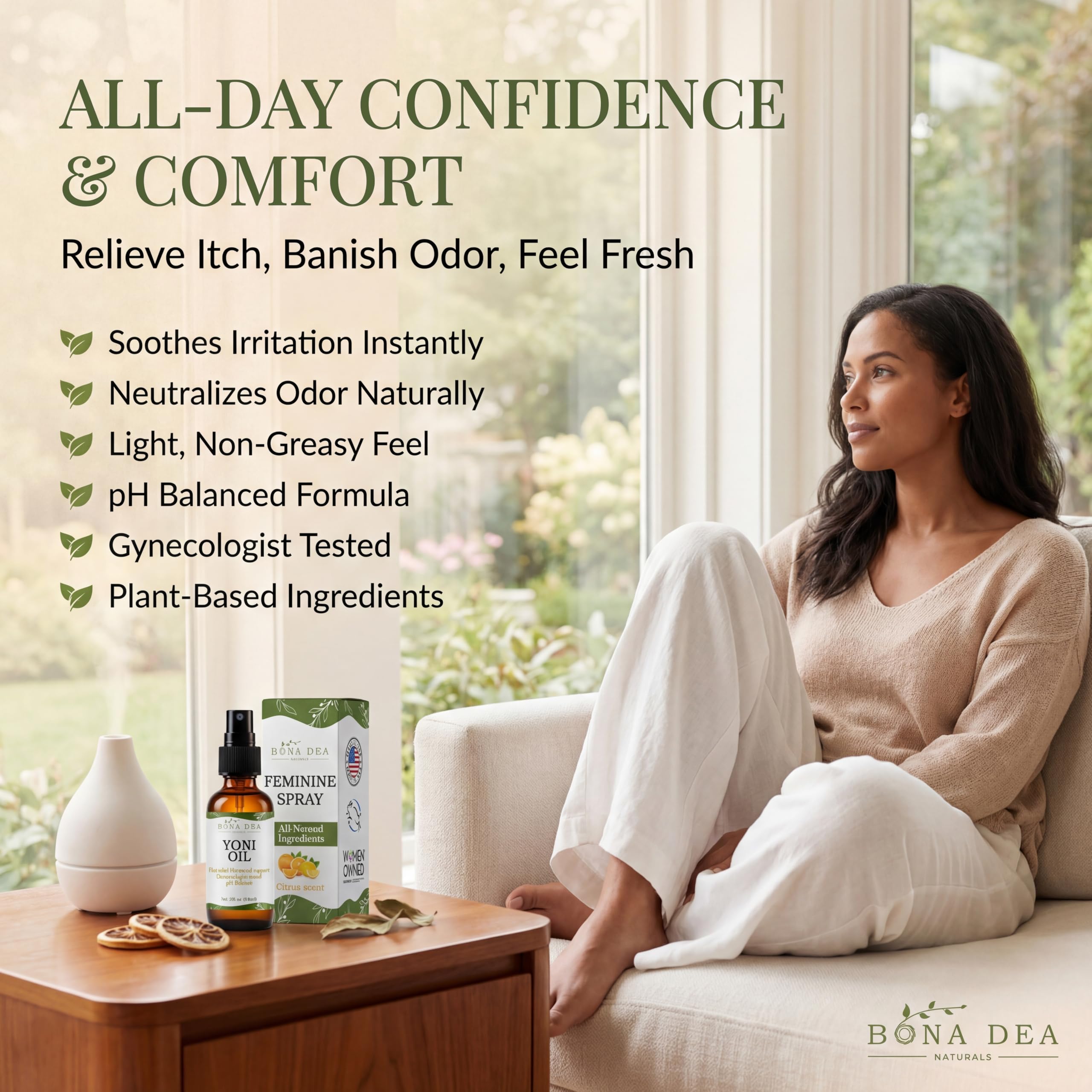 Bona Dea Naturals spray confort peau sensible pour usages quotidiens.