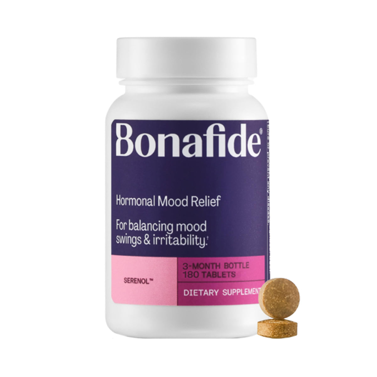 Bouteille Bonafide Serenol, soutien potentiel à l'équilibre émotionnel pendant le cycle.