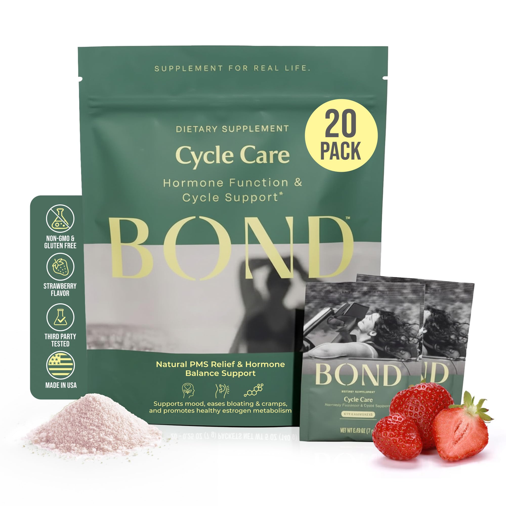 BOND Cycle Care, sachet fraise, prise pratique pour le quotidien.
