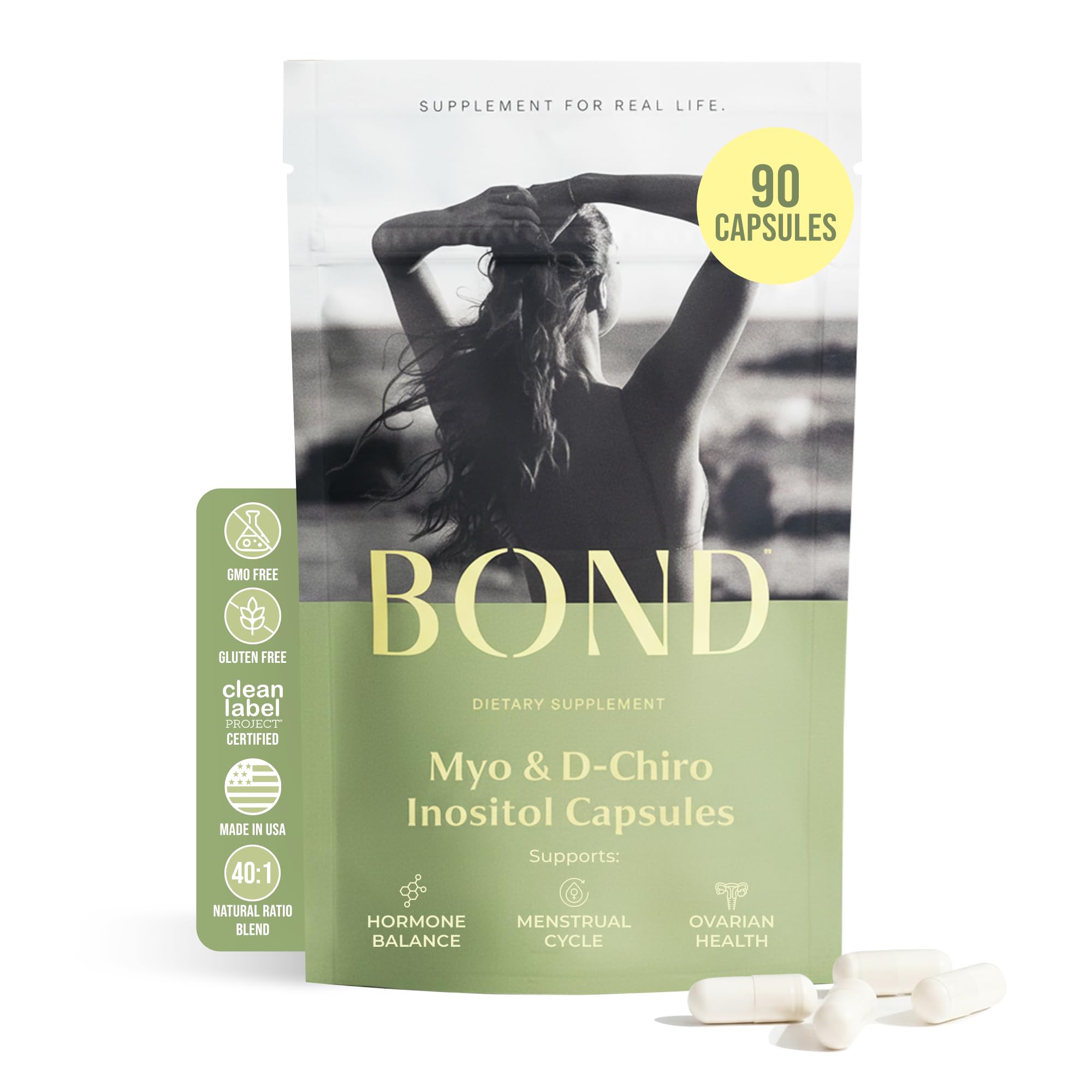 BOND Myo-Inositol et D-Chiro-Inositol en capsules dans une bouteille, favourise l'équilibre hormonal.