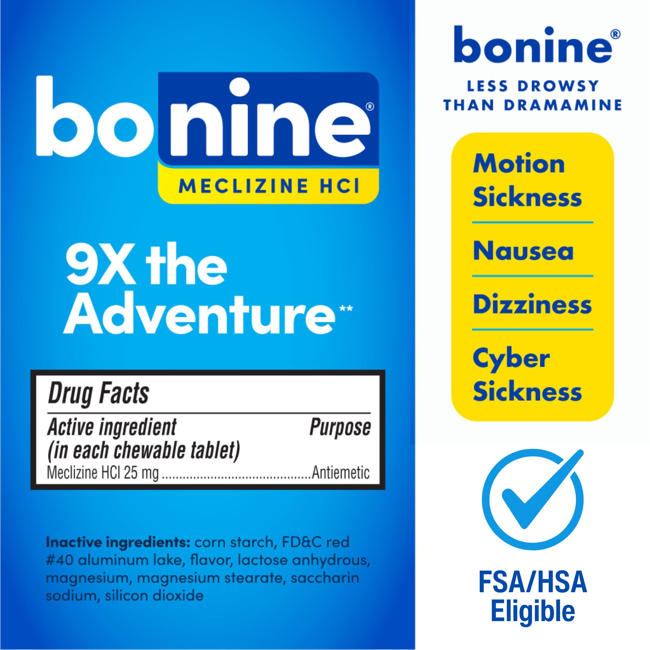 Boite Bonine 32 tablettes, rangement pratique pour voyage.