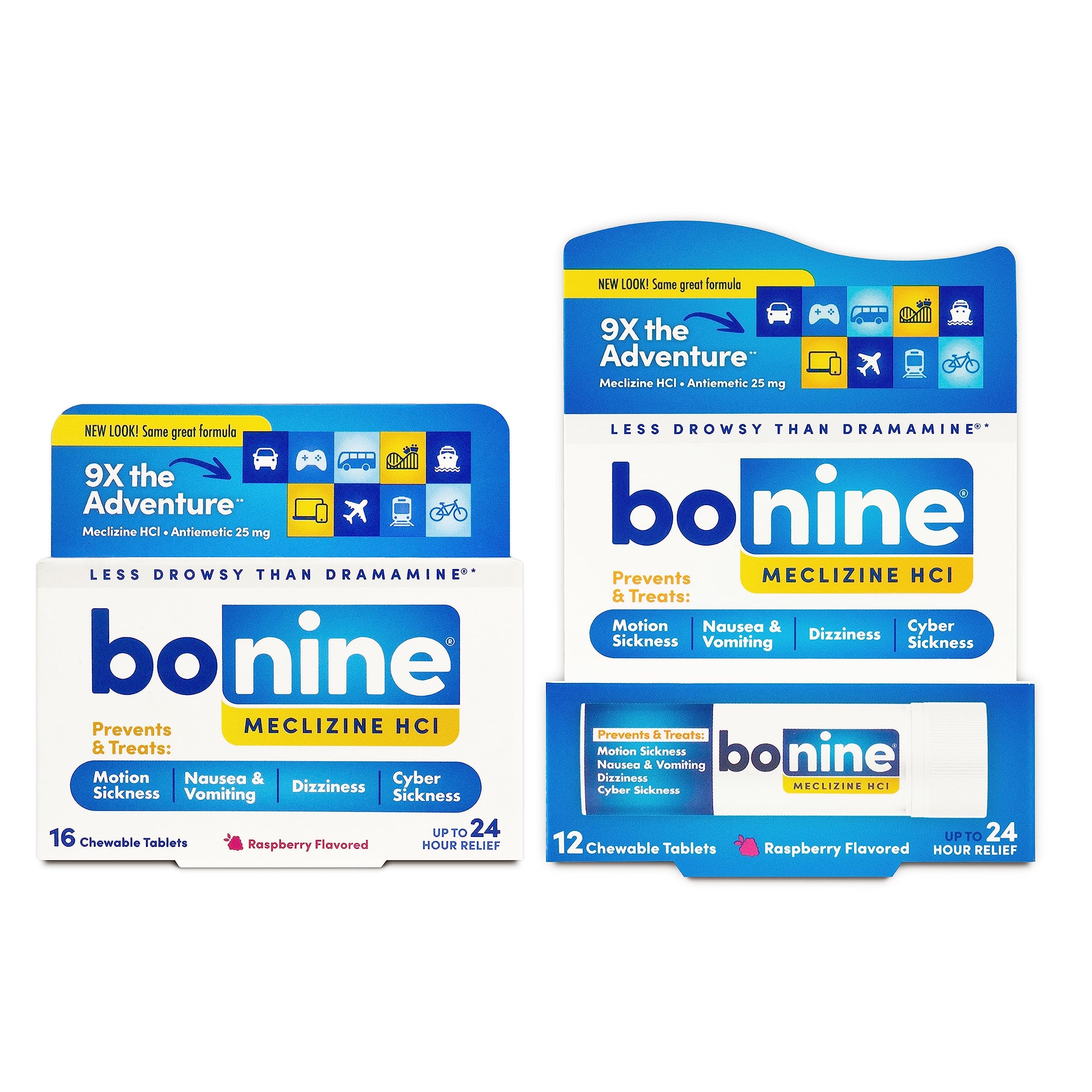 Bonine: comprimé-framboise 24h pour prévenir le mal des transports.