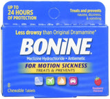 Bonine, comprimés framboise, aperçu du produit pour le mal des transports.
