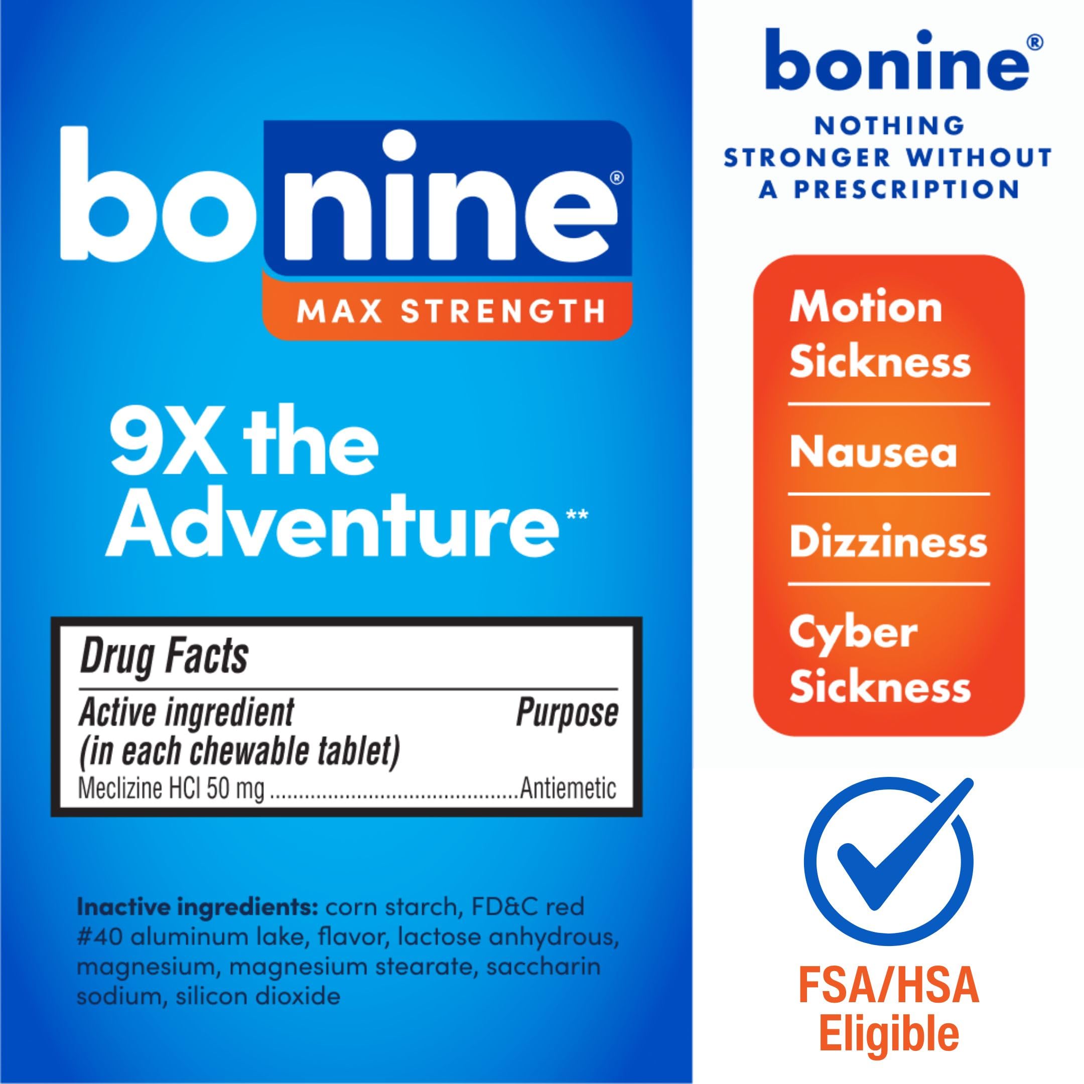 Tablettes Bonine MAX menthe fraîche, faciles à mâcher sans eau.