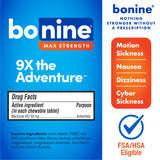 Tablettes Bonine MAX menthe fraîche, faciles à mâcher sans eau.