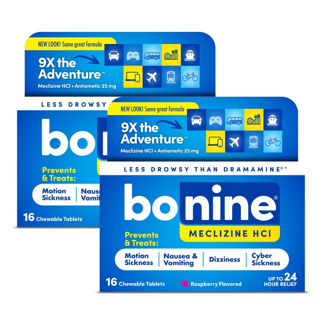 Bonine tablettes sans somnolence rouge framboise, soulagement rapide lors des trajets.