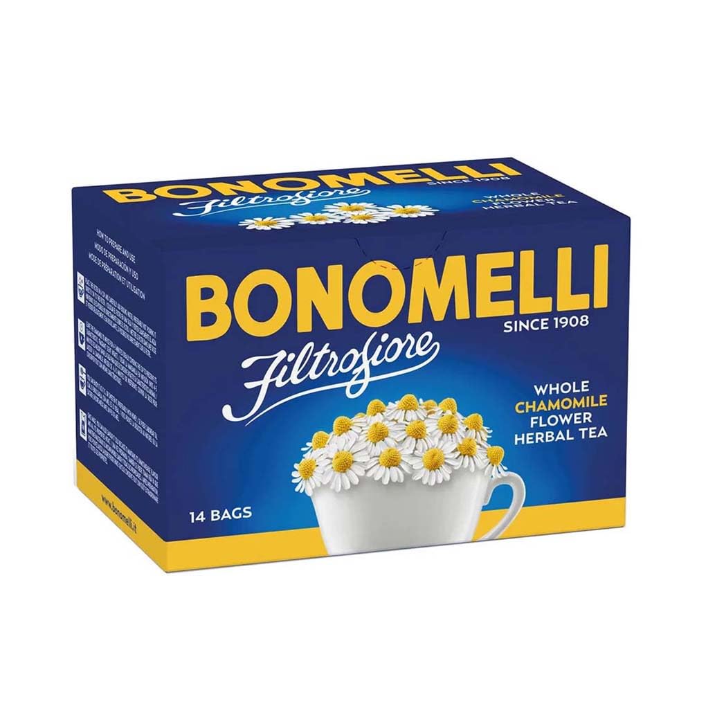 Bonomelli Filtrofiore Camomille, étiquette montrant l'origine italienne et la qualité.