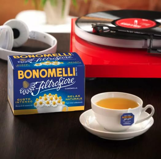 Bonomelli Filtrofiore Camomille, actifs et huiles essentielles mis en valeur lors de l'infusion.