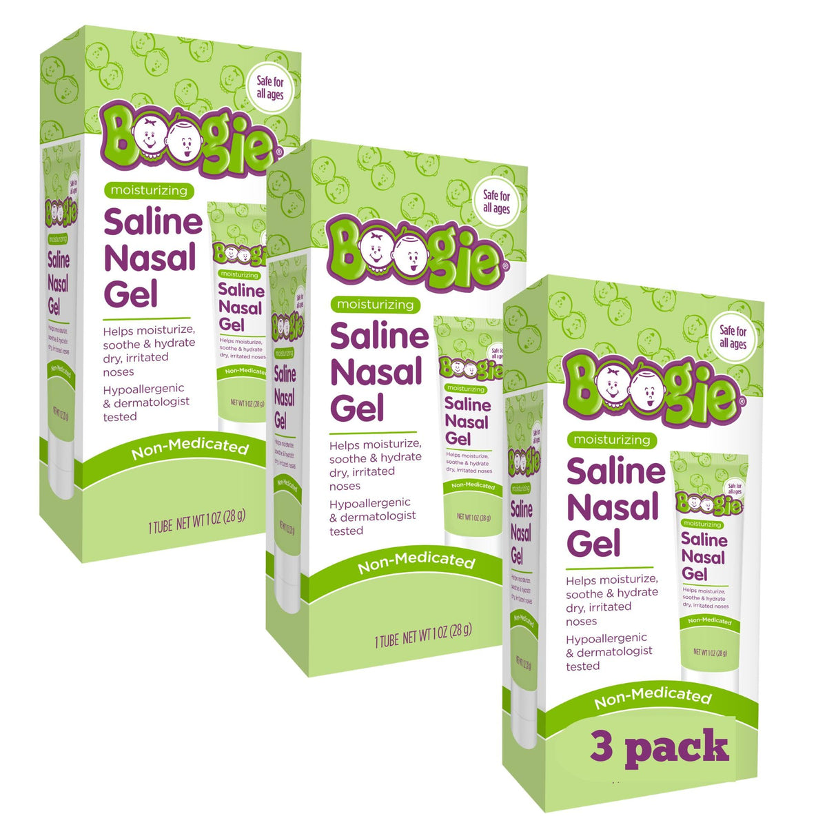 Gel nasal Boogie à la saline et à l’aloès pour hydrater le nez en douceur.