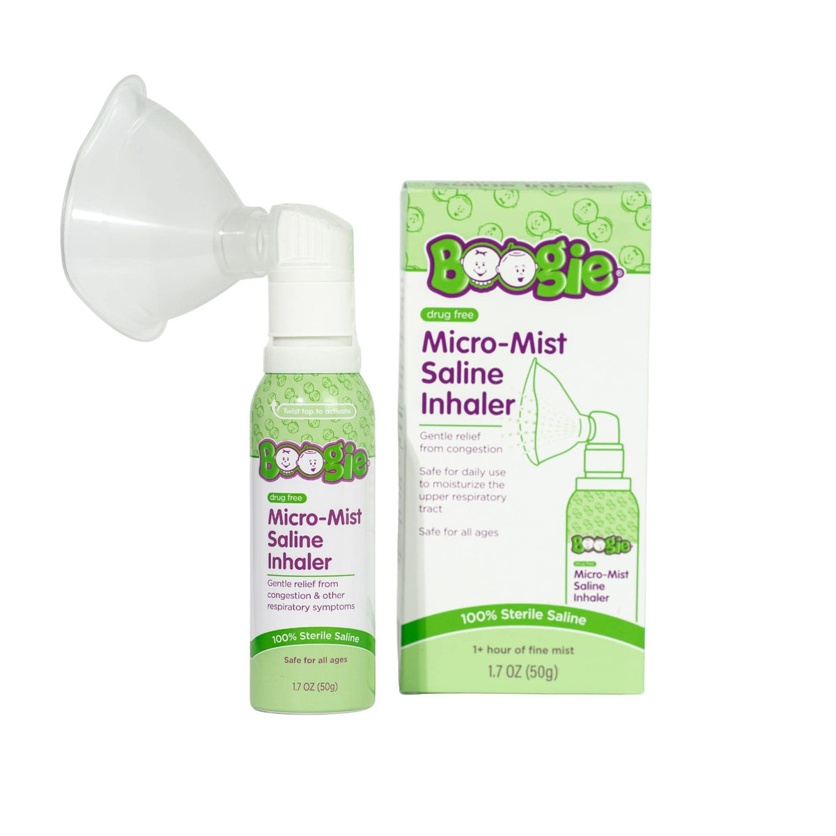 Boogie Micro-Mist Inhaler : bouteille saline prête à l'emploi pour respirations plus douces.