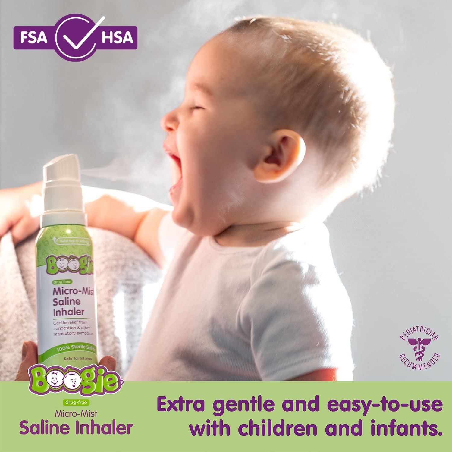 Boogie Micro-Mist Inhaler : flacon saline stérile pour hydratation des voies nasales.