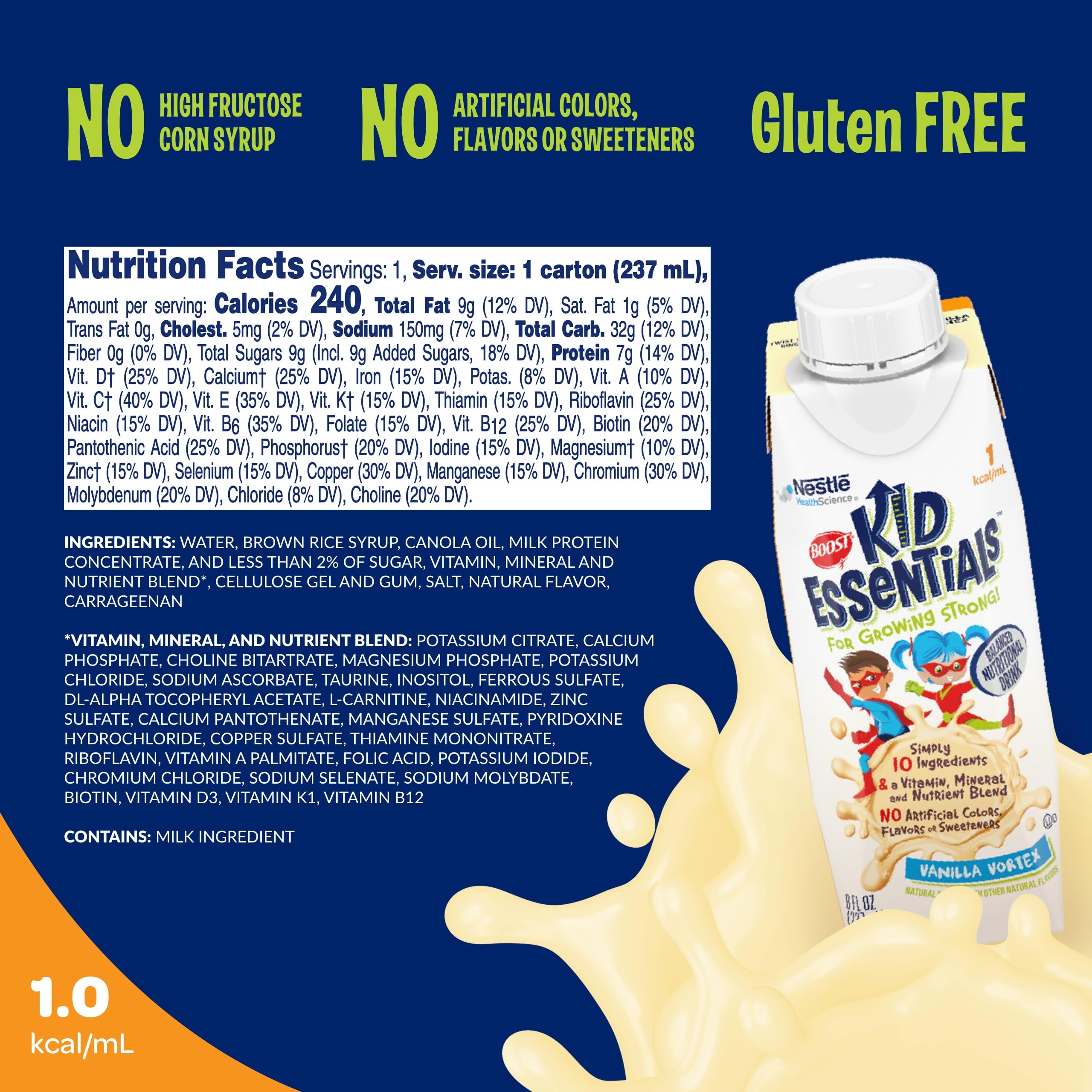 Étiquette lisible de BOOST Kid Essentials Vanilla Vortex avec les informations nutritionnelles.