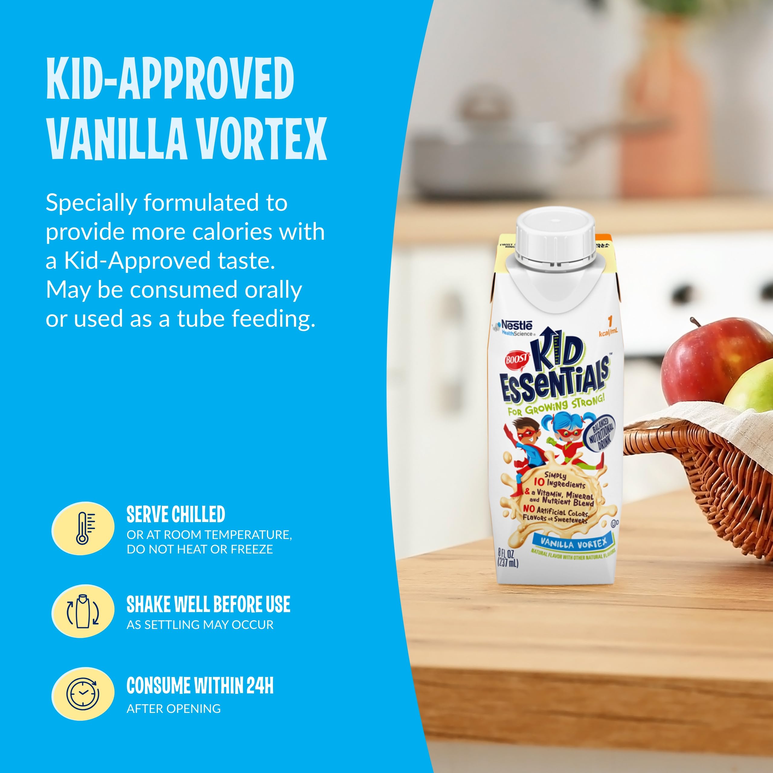 Panneau nutritionnel clair sur BOOST Kid Essentials Vanilla Vortex avec calcium et vitamine D.