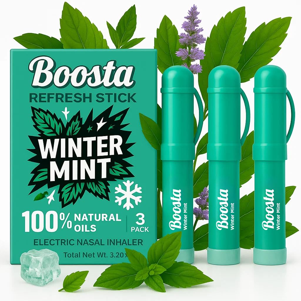 Boosta inhalateur nasal menthe hivernale pour une sensation rafraîchissante et concentration rapide.
