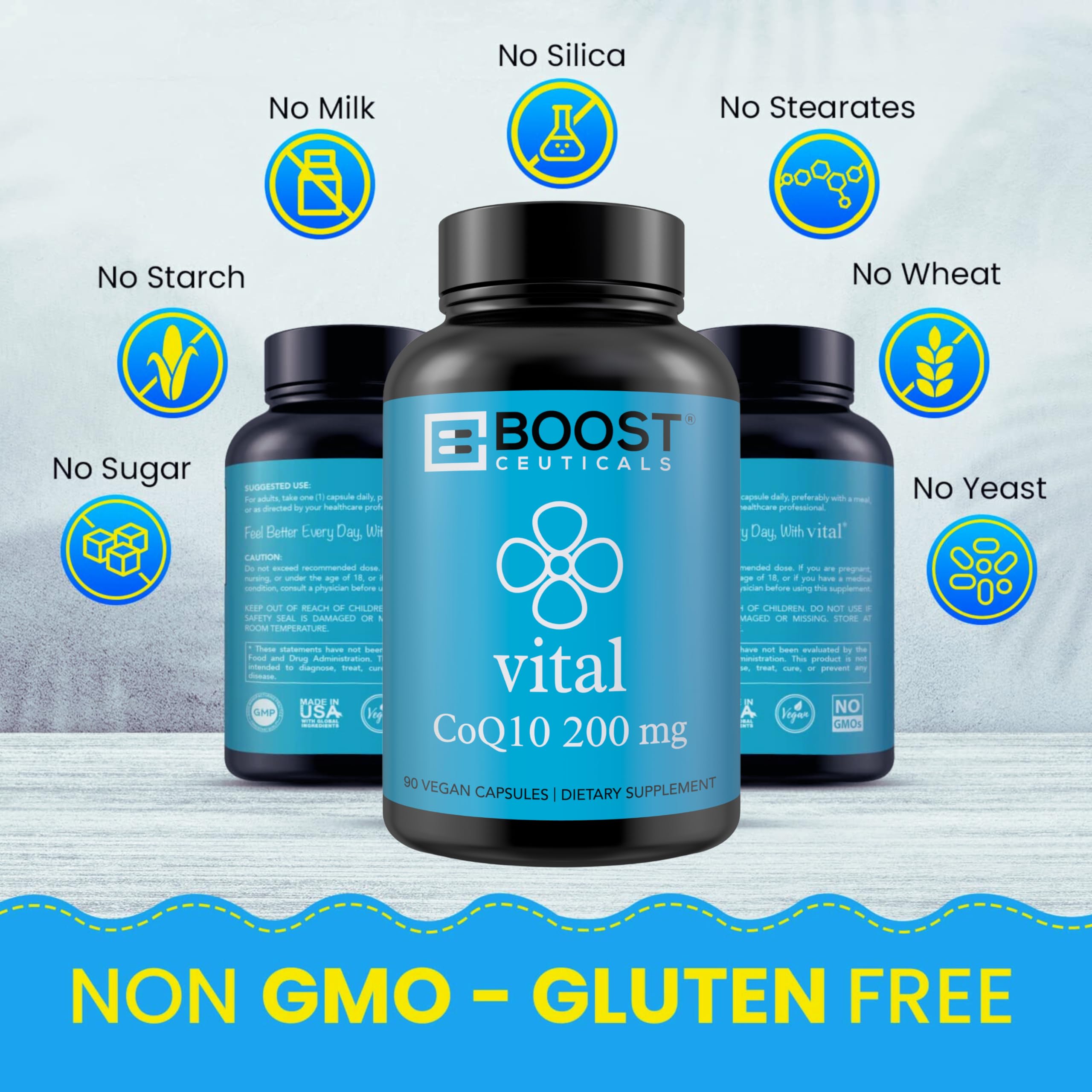 Capsules vegan BoostCeuticals CoQ10, sans stéarates ni silice.