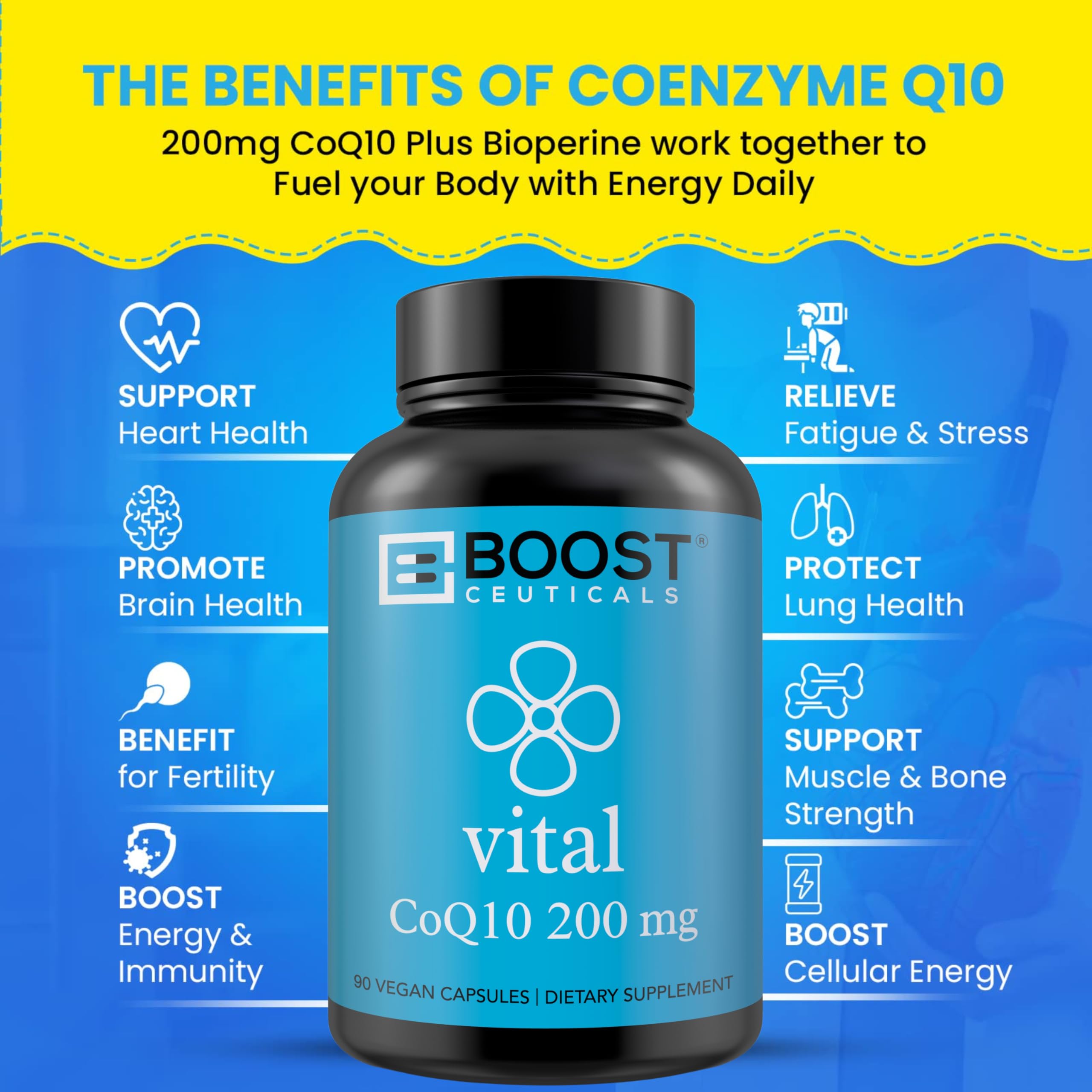 Tablettes rondes BoostCeuticals CoQ10, dosage précis.