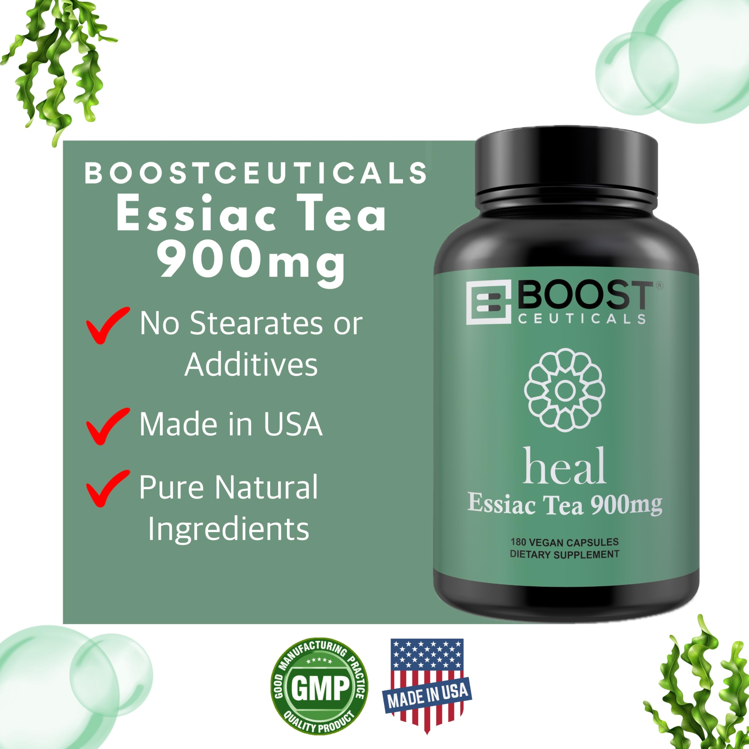 Emballage BoostCeuticals Essiac gélules montrant l’étiquette transparente et l’aspect propre.