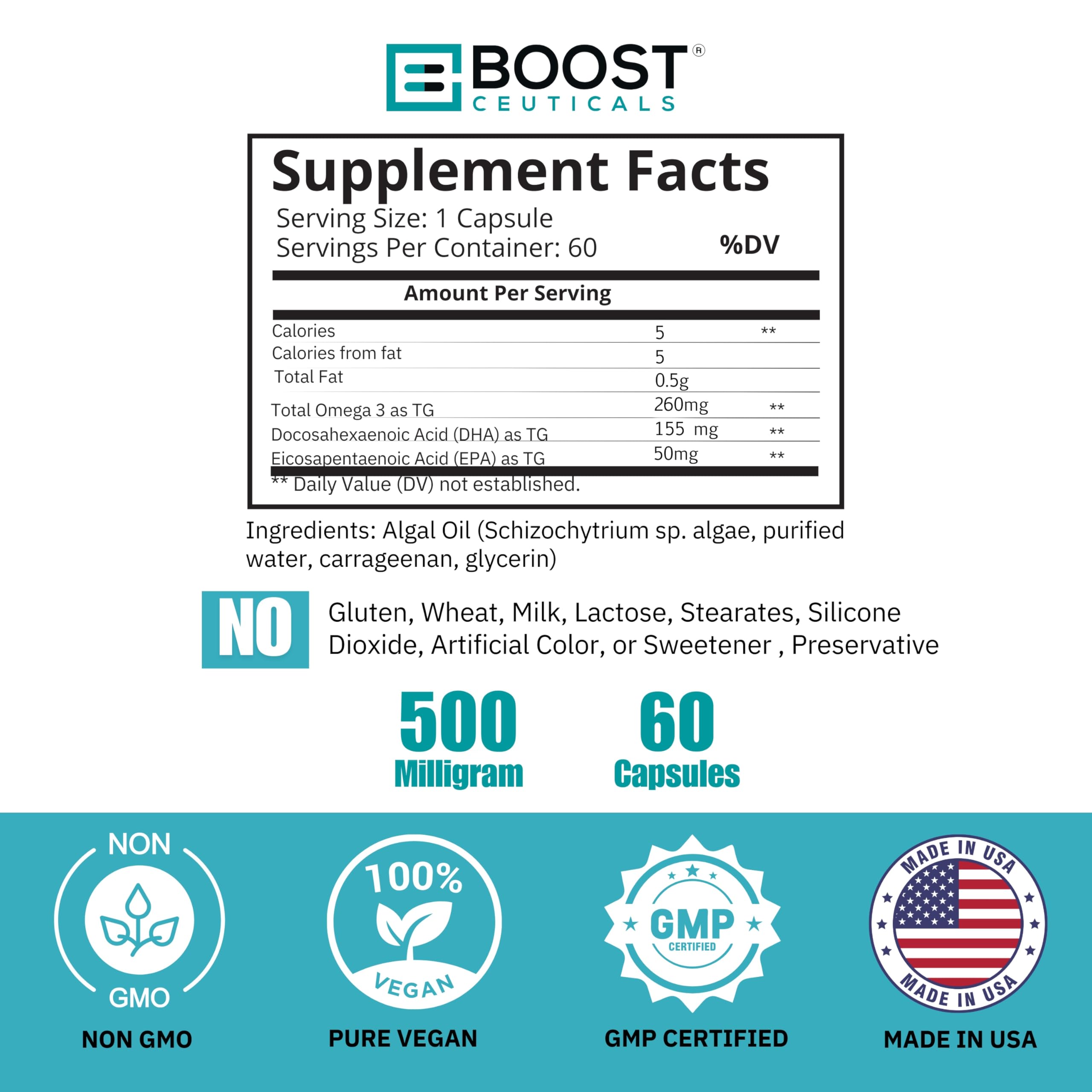BoostCeuticals Oméga-3 algues — dosage doux pour l’entretien quotidien.