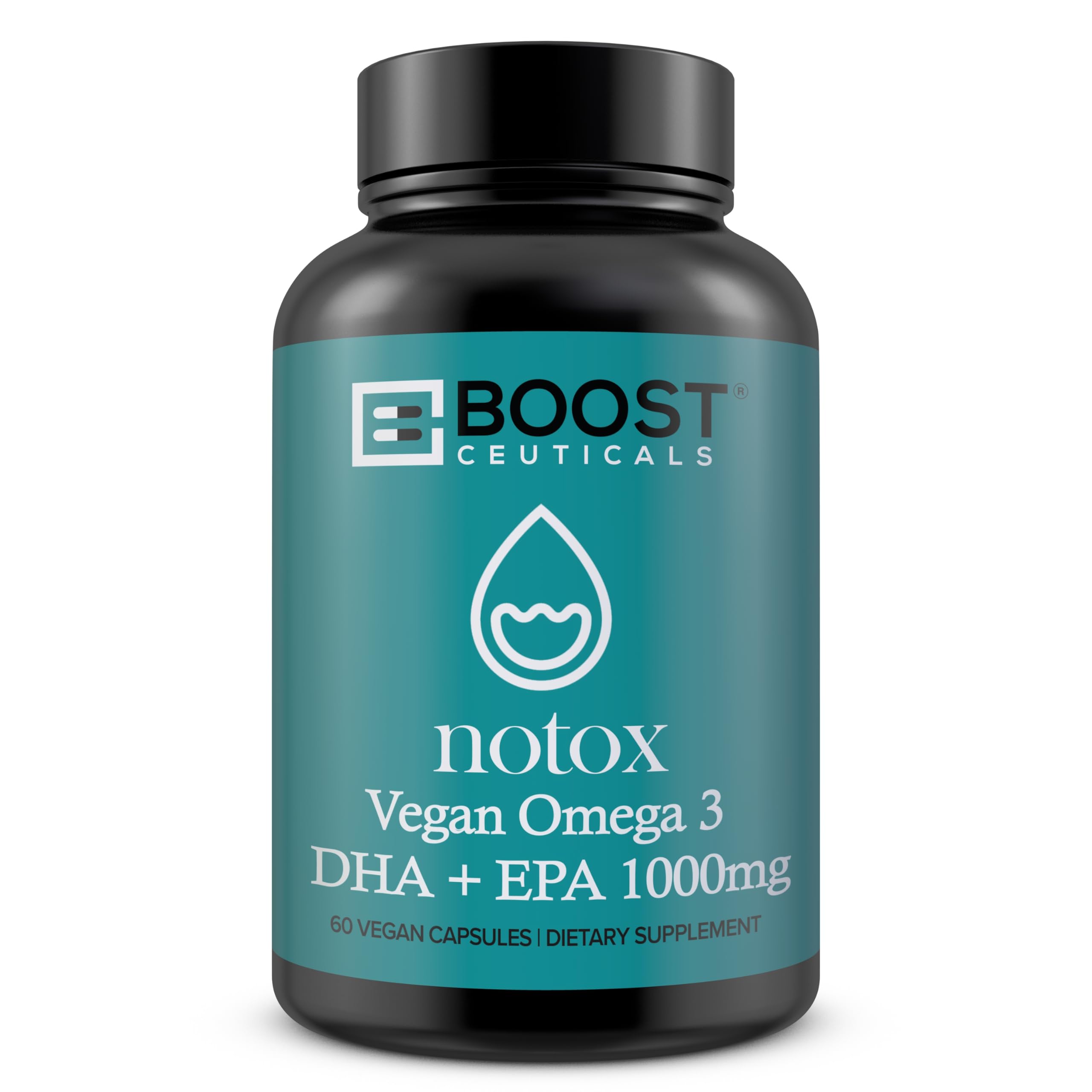 BoostCeuticals Omega3 algue – bouteille et capsules, soutien potentiel cœur et cerveau.