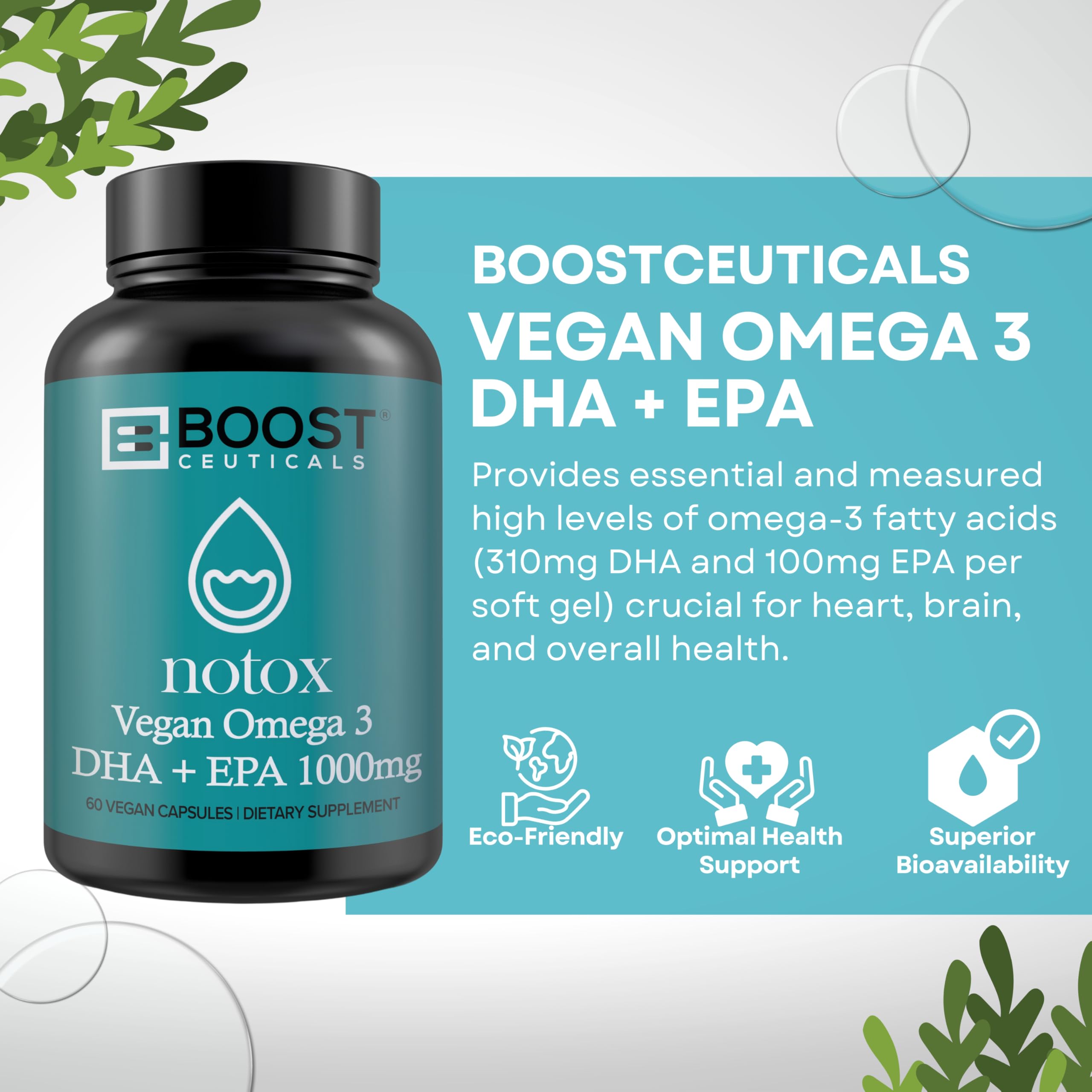 Capsules vegan BoostCeuticals Omega3 algue, dosage clair et pratique.