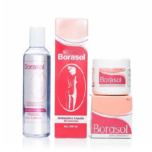 Borasol liquide antiseptique en flacon, hygiène intime et sensation rafraîchissante.
