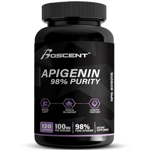 Boscent Apigenin, flacon, soutient une routine de relaxation nocturne.