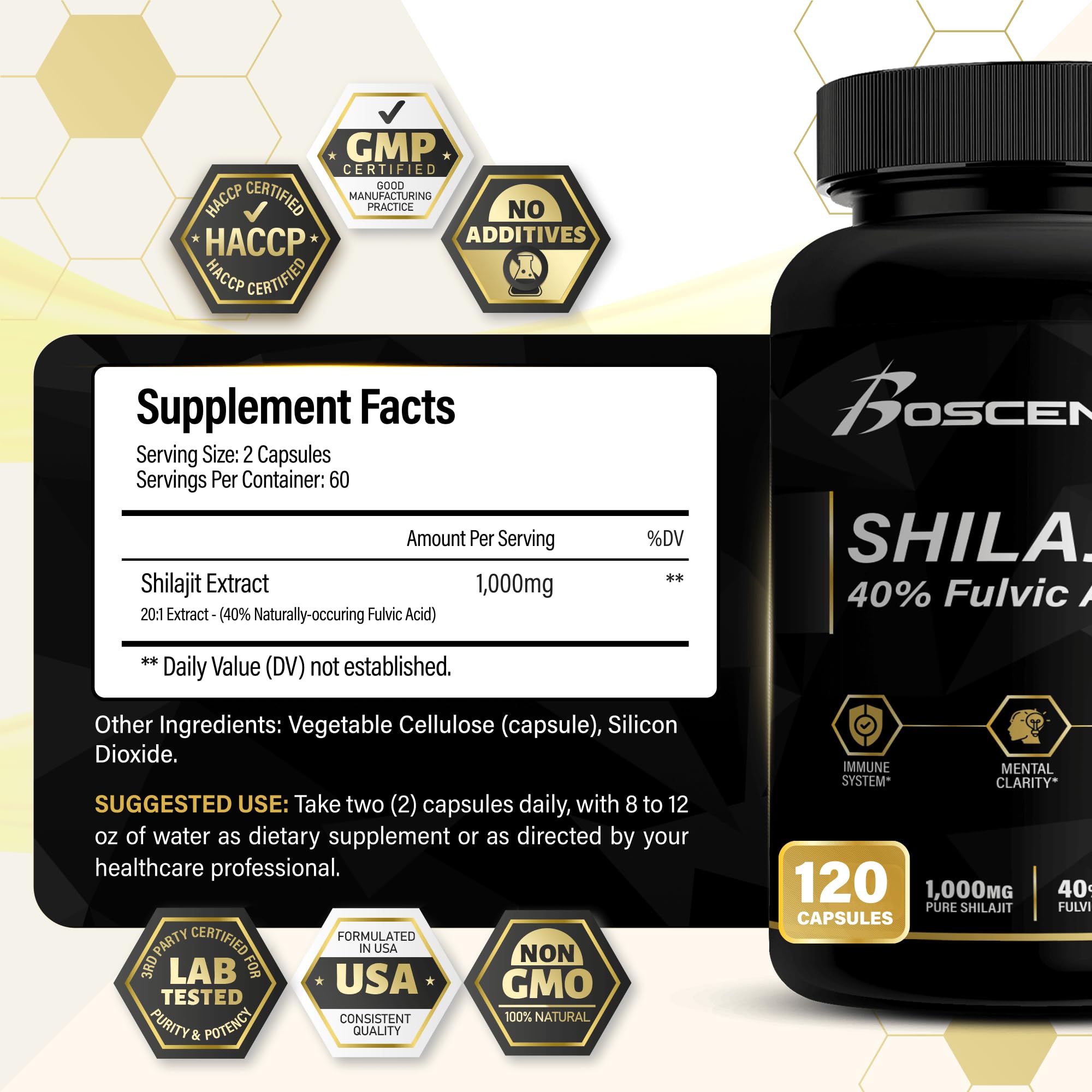 Boscent Shilajit Capsules – étiquette claire présentant les informations clés et les bénéfices potentiels.