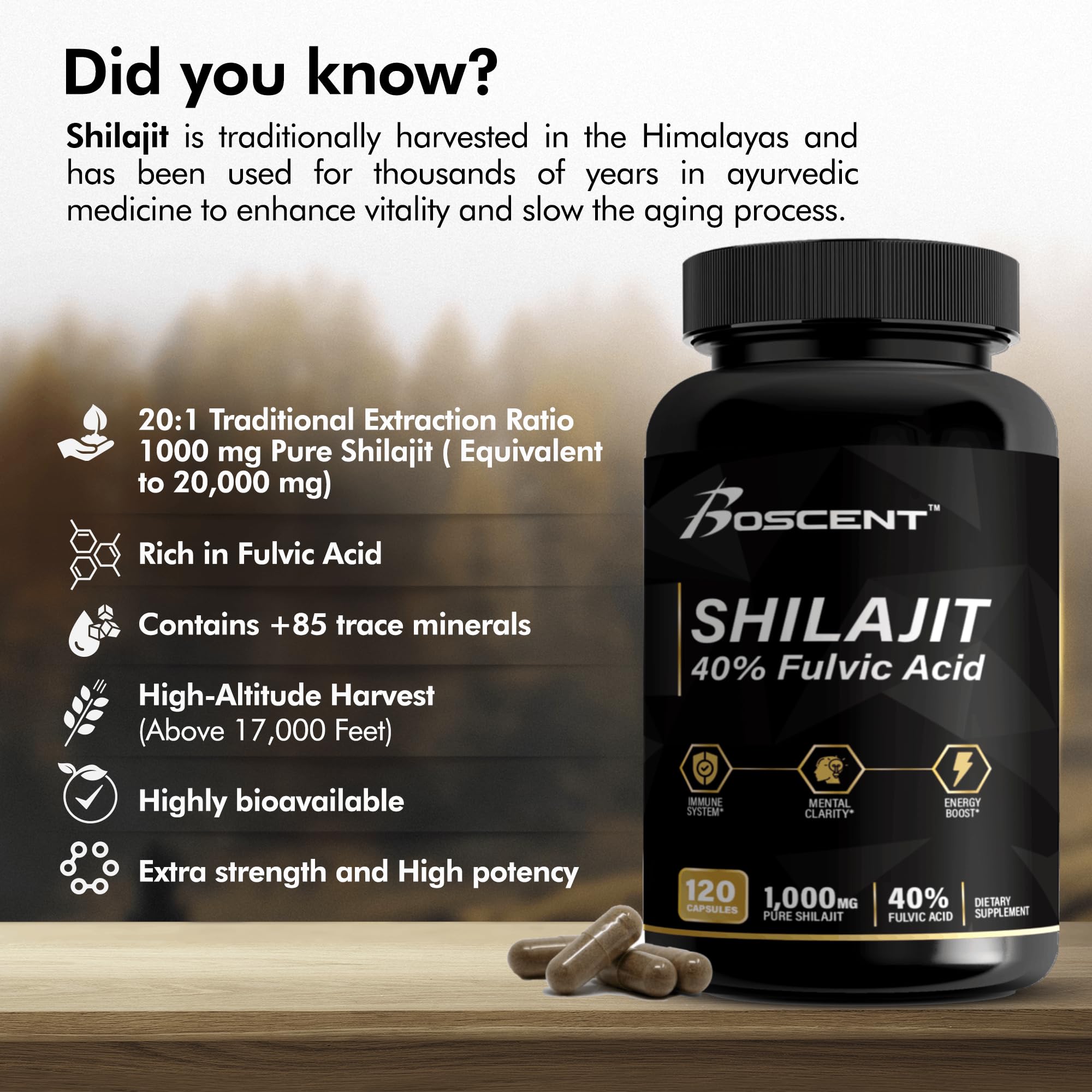 Boscent Shilajit Capsules – utilisation quotidienne simple et formule végan adaptée.