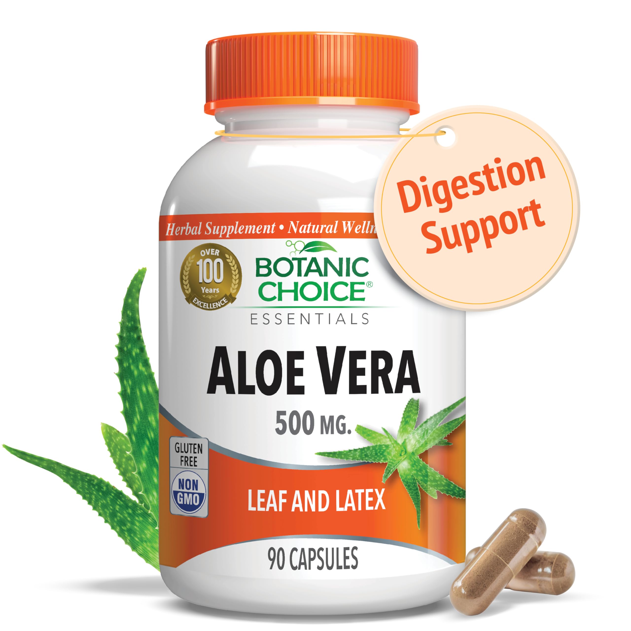 Botanic Choice Aloe Vera – bouteille visible avec capsules, potentiel soutien digestif.