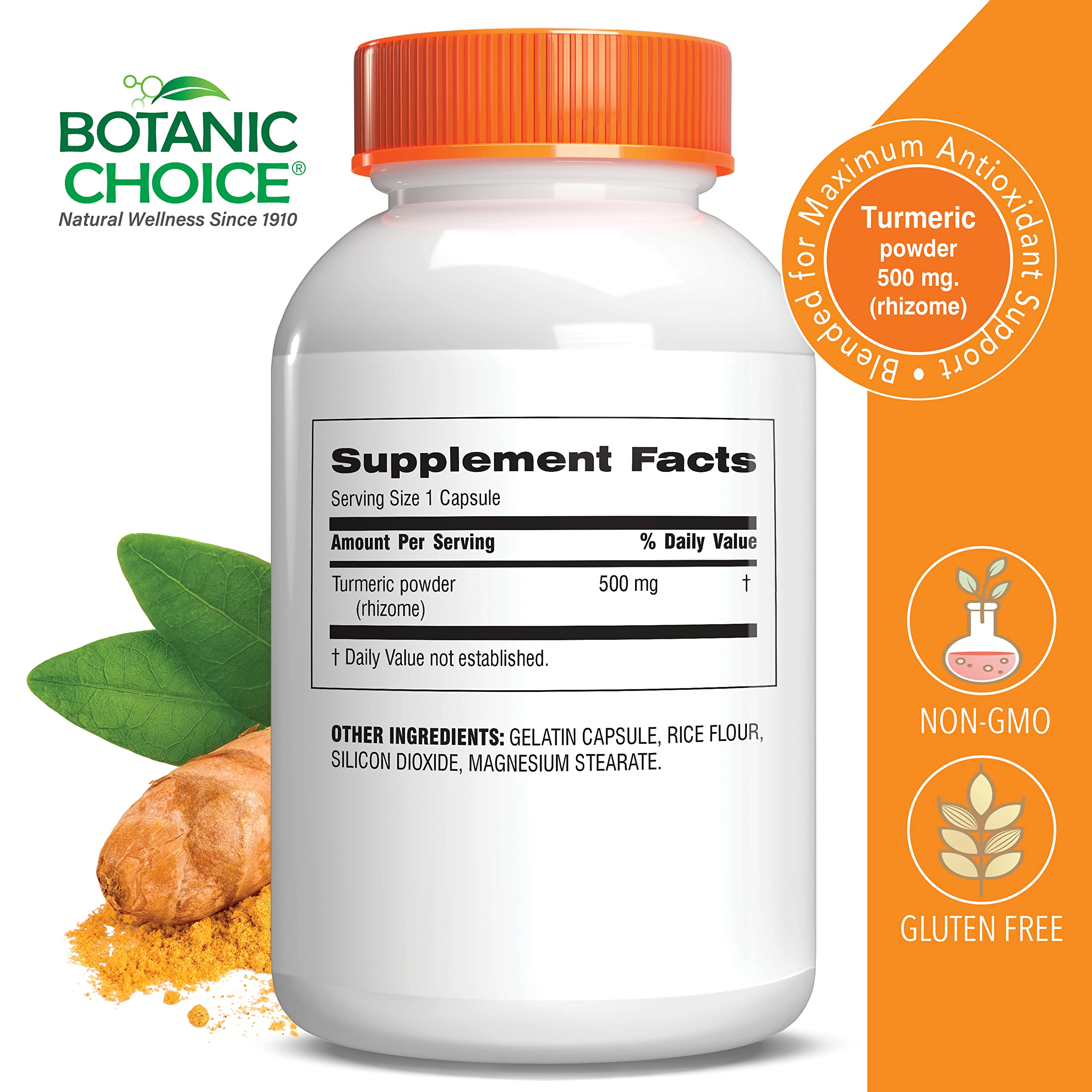 Botanic Choice Curcuma gélules bouteille ouverte, prise facile au quotidien.