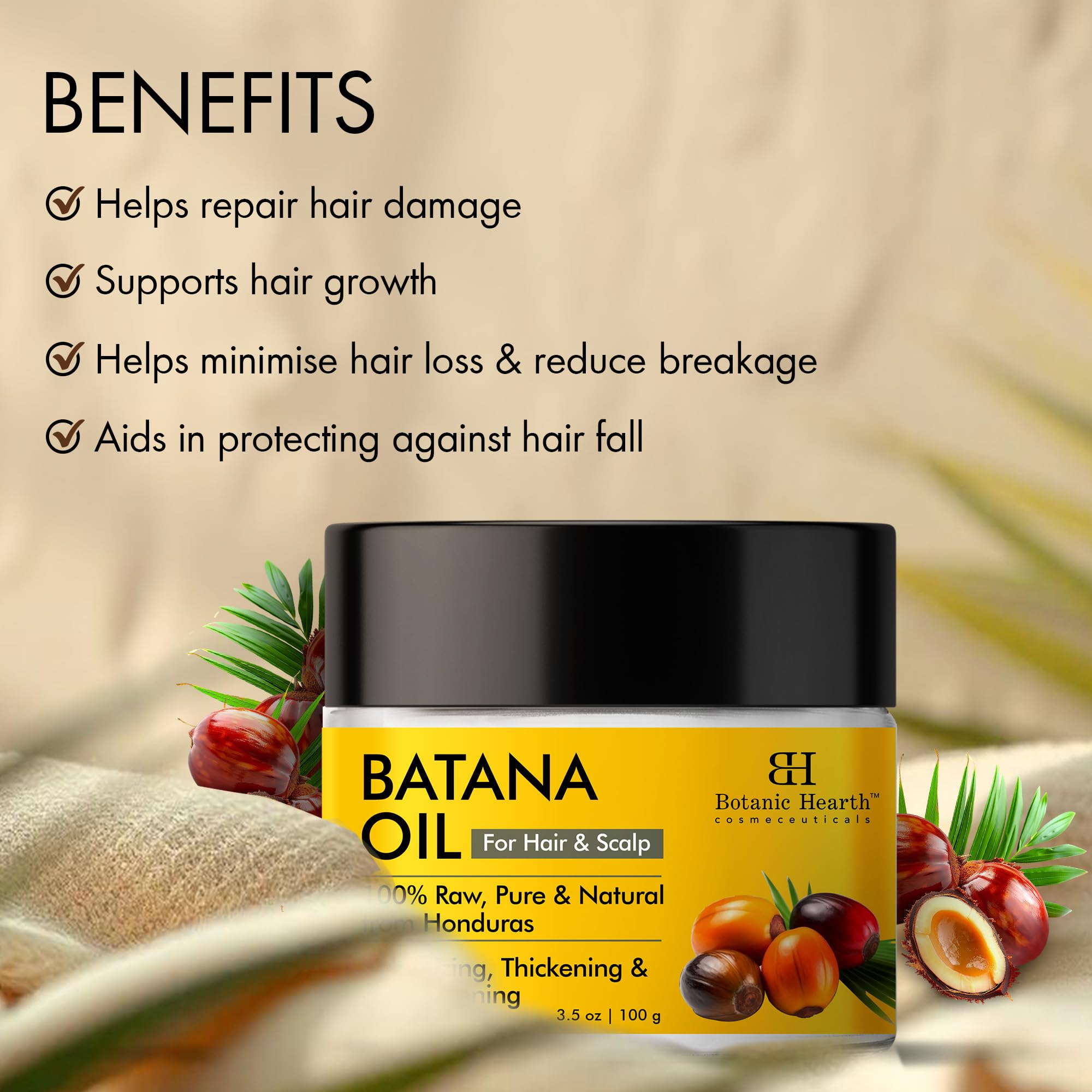 Botanic Hearth Batana texture huile naturelle, anti-sécheresse pour cheveux.