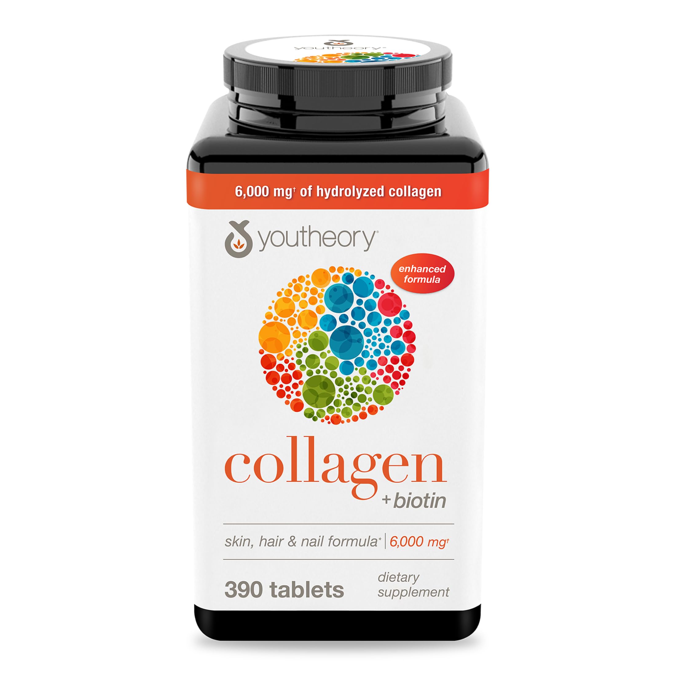 Bouteille Youtheory Collagen Biotine, comprimés, usage quotidien pour soutenir peau et cheveux.