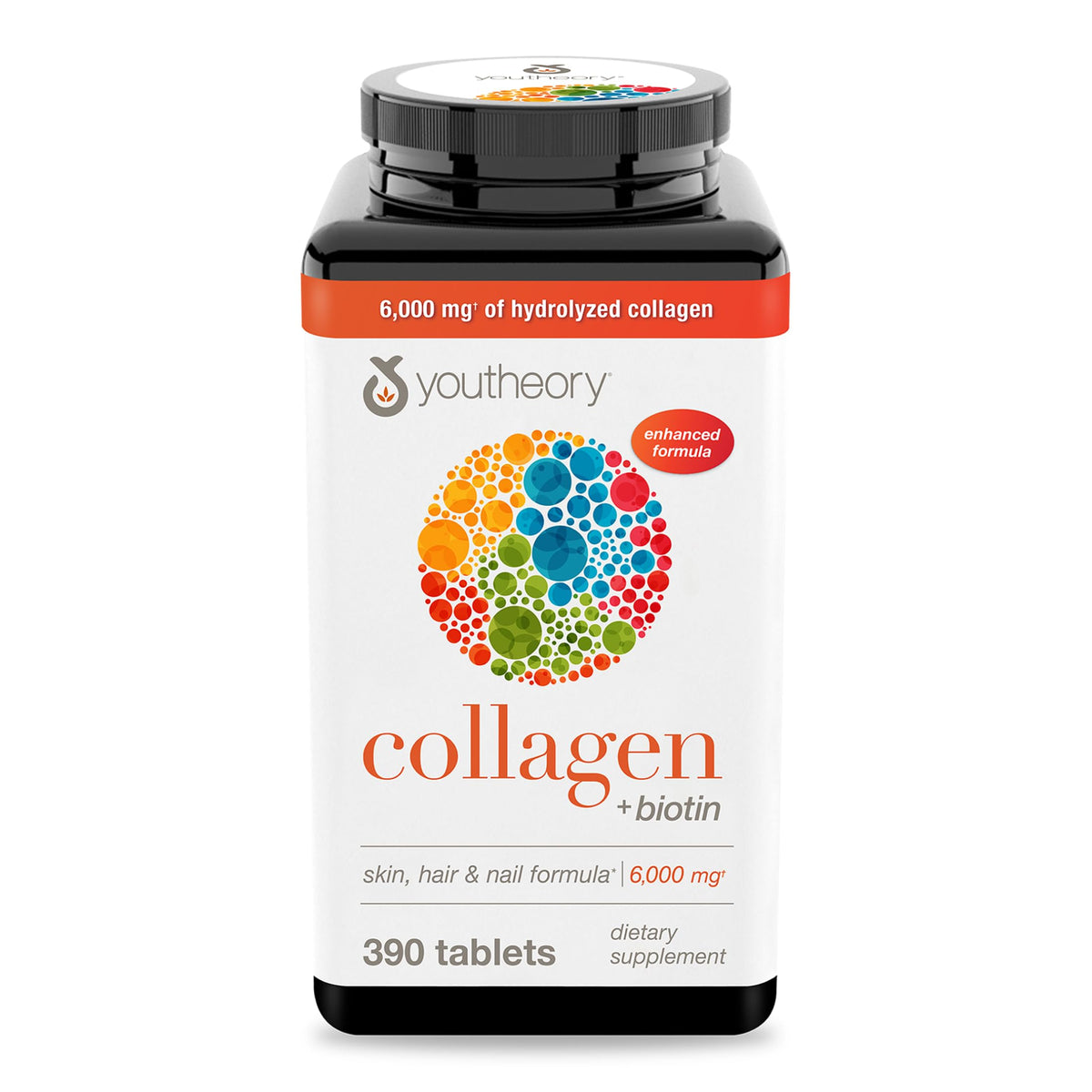 Bouteille Youtheory Collagen Biotine, comprimés, usage quotidien pour soutenir peau et cheveux.