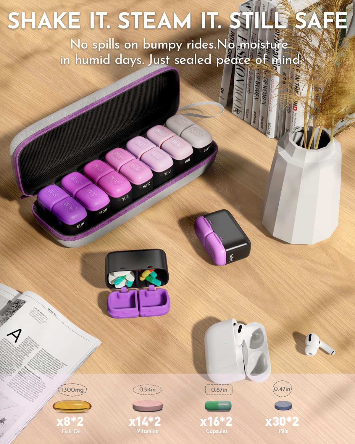 Bovintex organiseur pilules compact et portable, idéal pour sacs quotidiens.