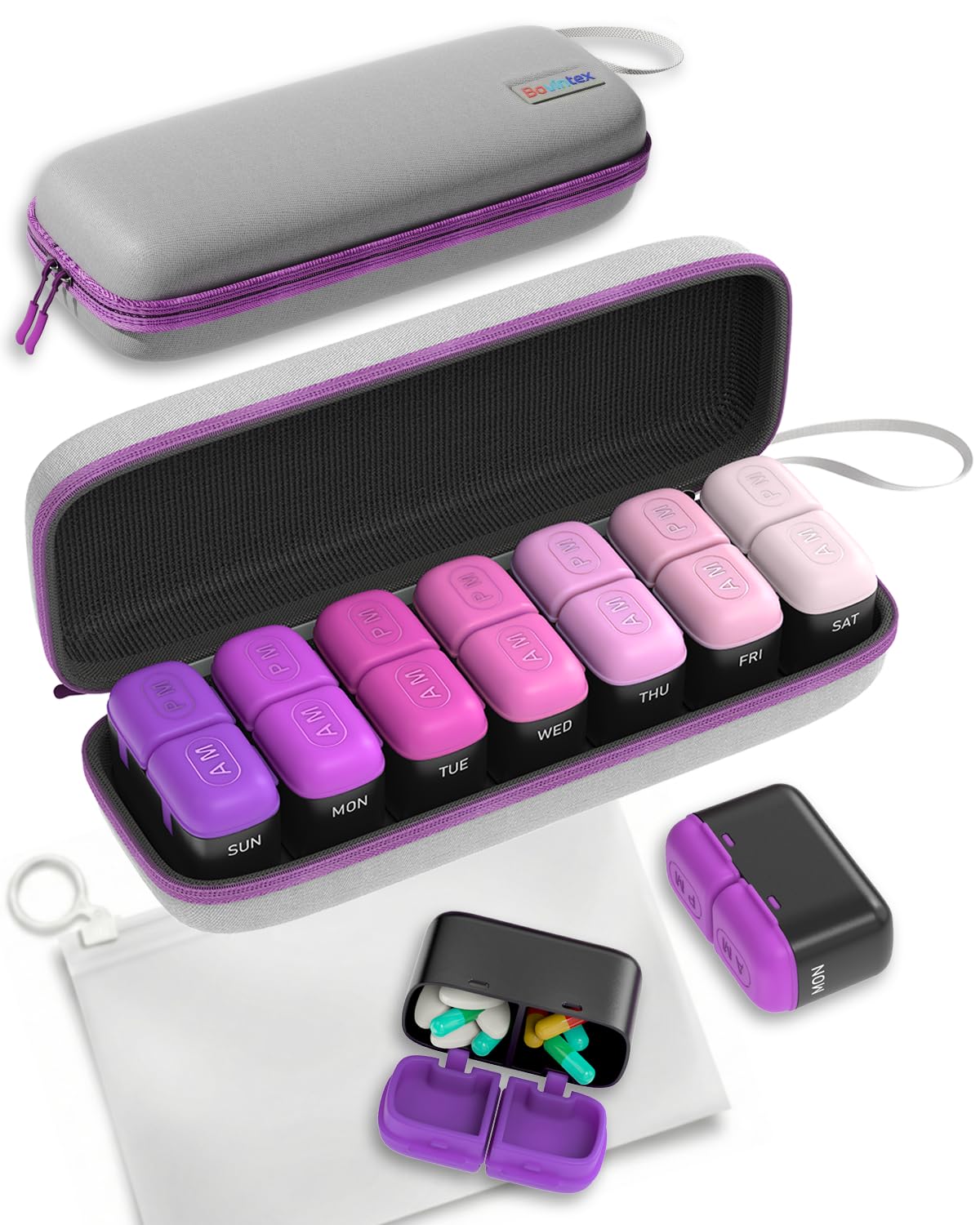 Bovintex organiseur pilules hebdomadaire AM PM, pratique et compact pour le voyage.