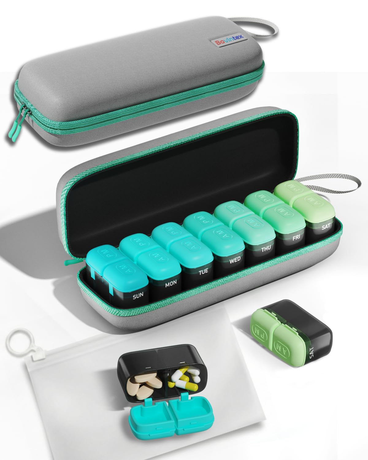 Bovintex Organiseur pilules AM/PM, rangement compact et pratique.