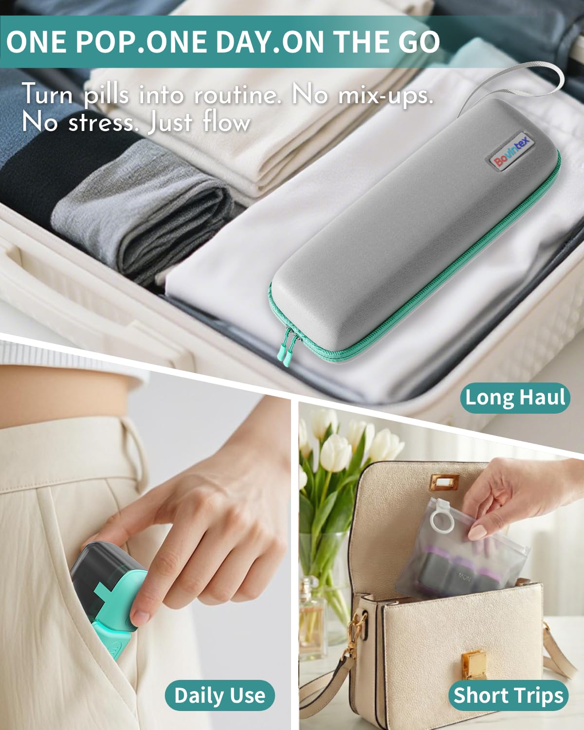 Poche voyage compacte Bovintex pour pilules essentielles.
